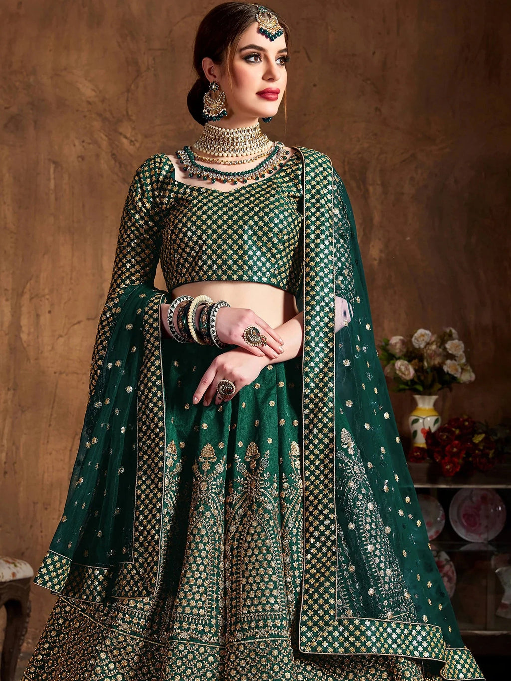 Green Bottle Sequins Raw Silk Wedding Lehenga Choli With Dupatta