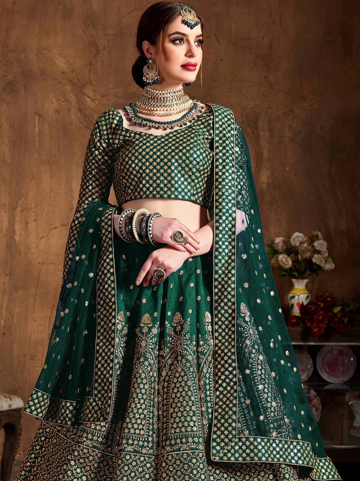 Green Bottle Sequins Raw Silk Wedding Lehenga Choli With Dupatta