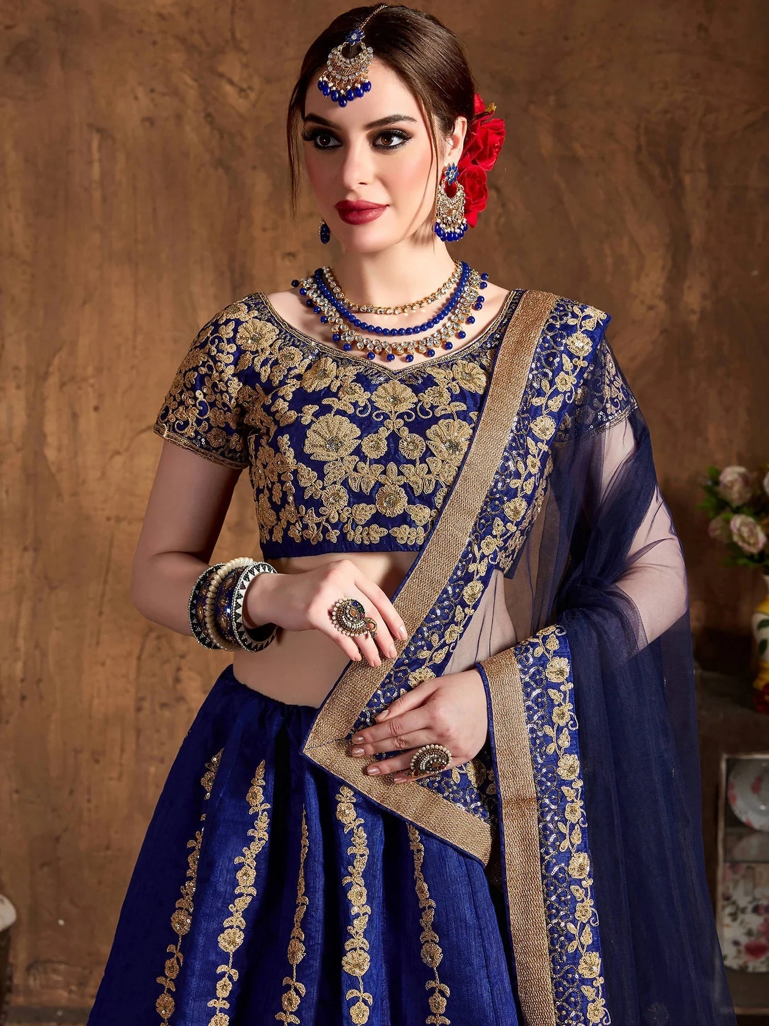 Blue Embroidery Raw Silk Wedding Lehenga Choli With Dupatta