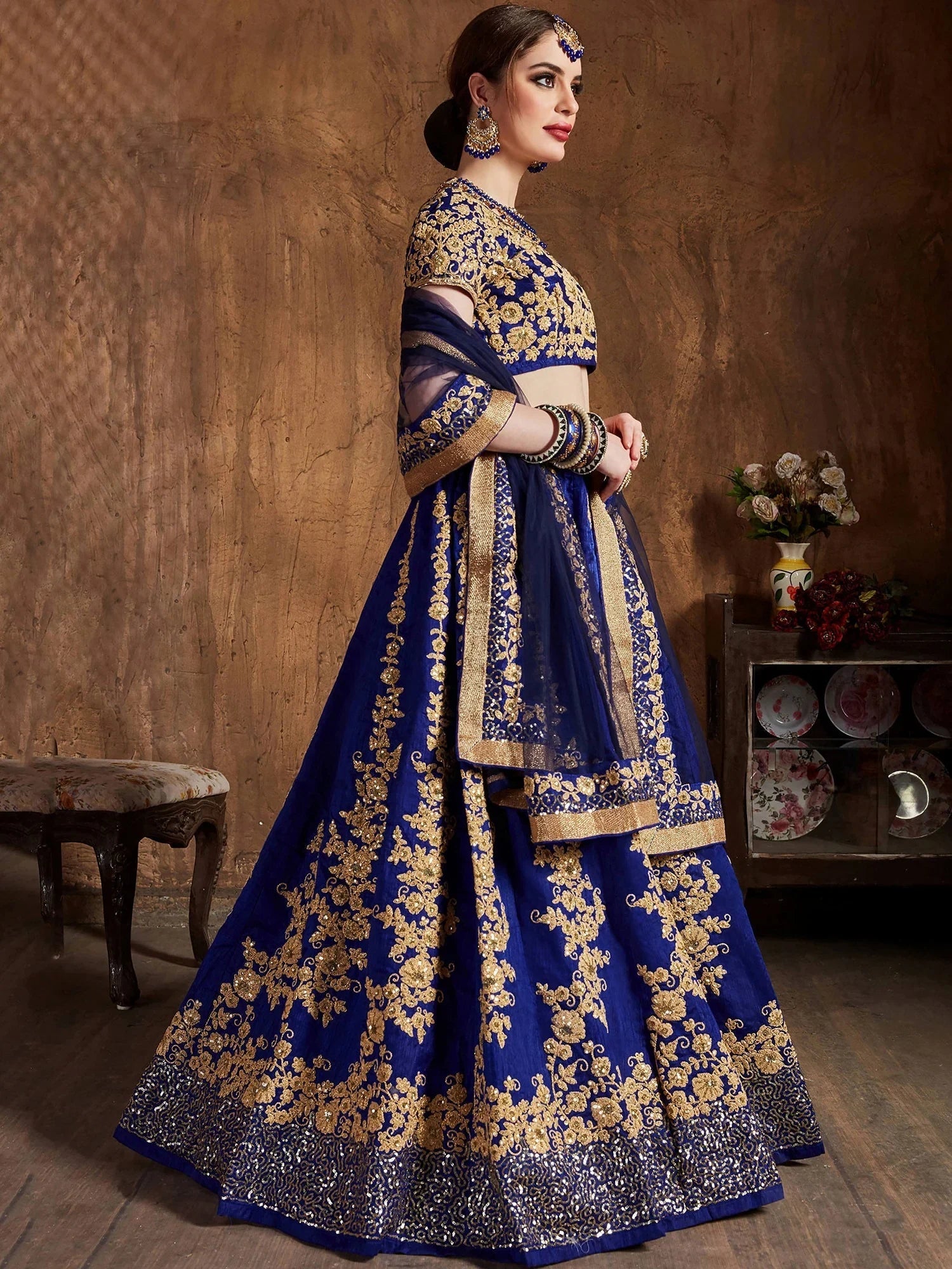Blue Embroidery Raw Silk Wedding Lehenga Choli With Dupatta