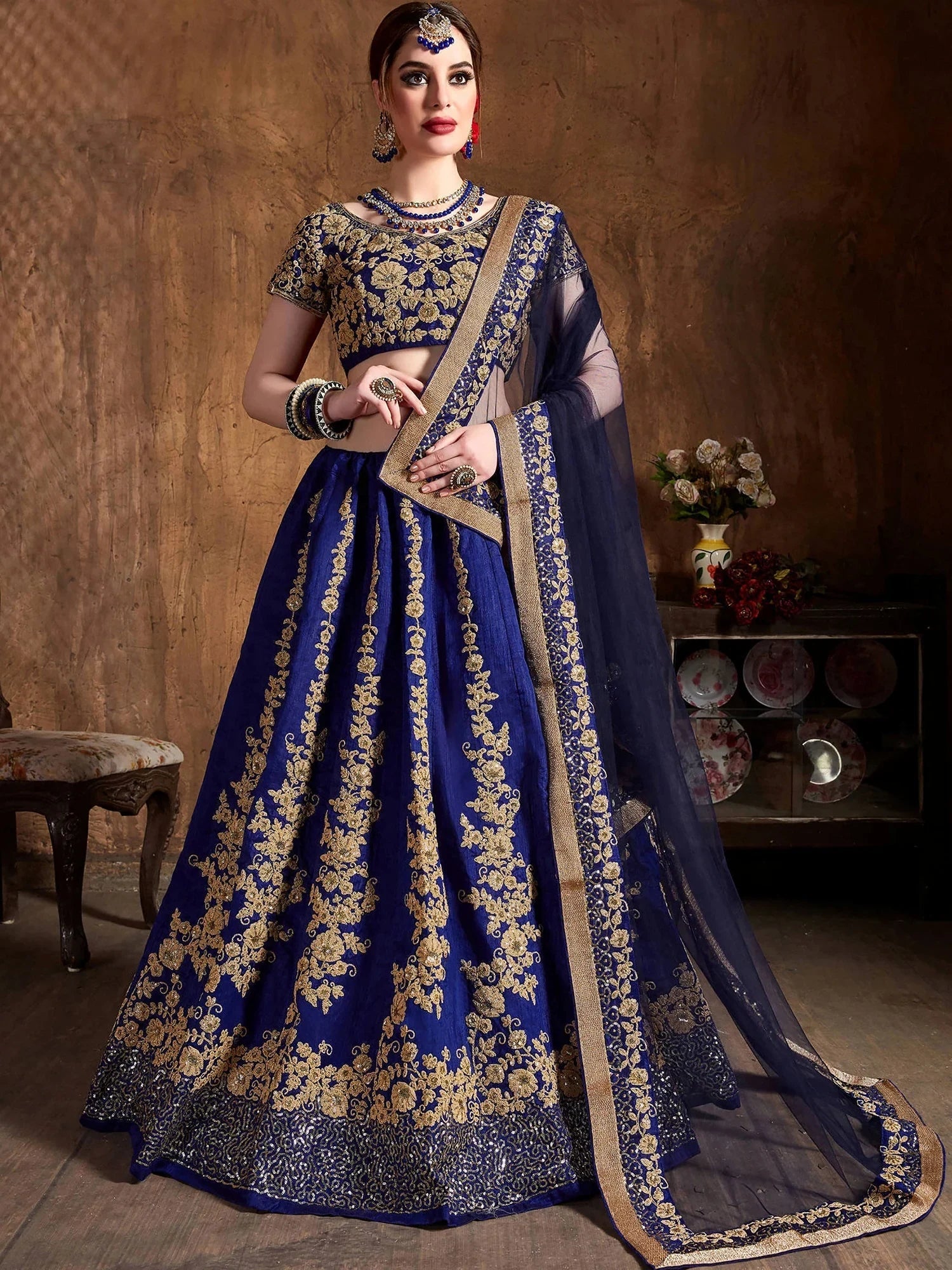 Blue Embroidery Raw Silk Wedding Lehenga Choli With Dupatta