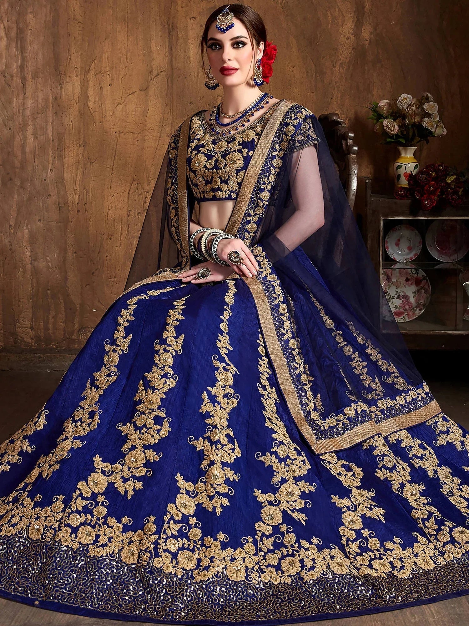 Blue Embroidery Raw Silk Wedding Lehenga Choli With Dupatta