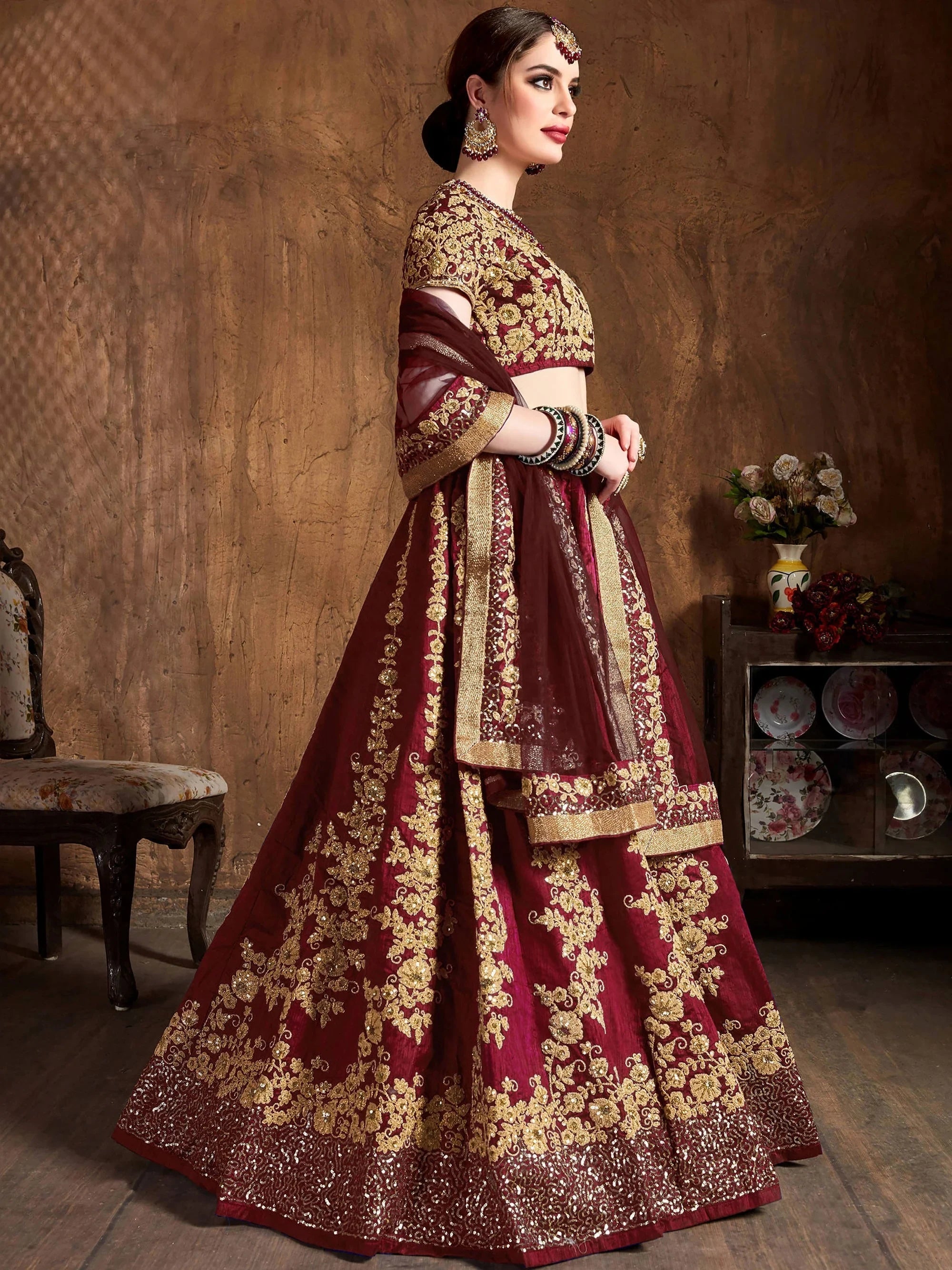 Fantastic Maroon Dori Work Silk Wedding Wear Plus Size Lehenga Choli