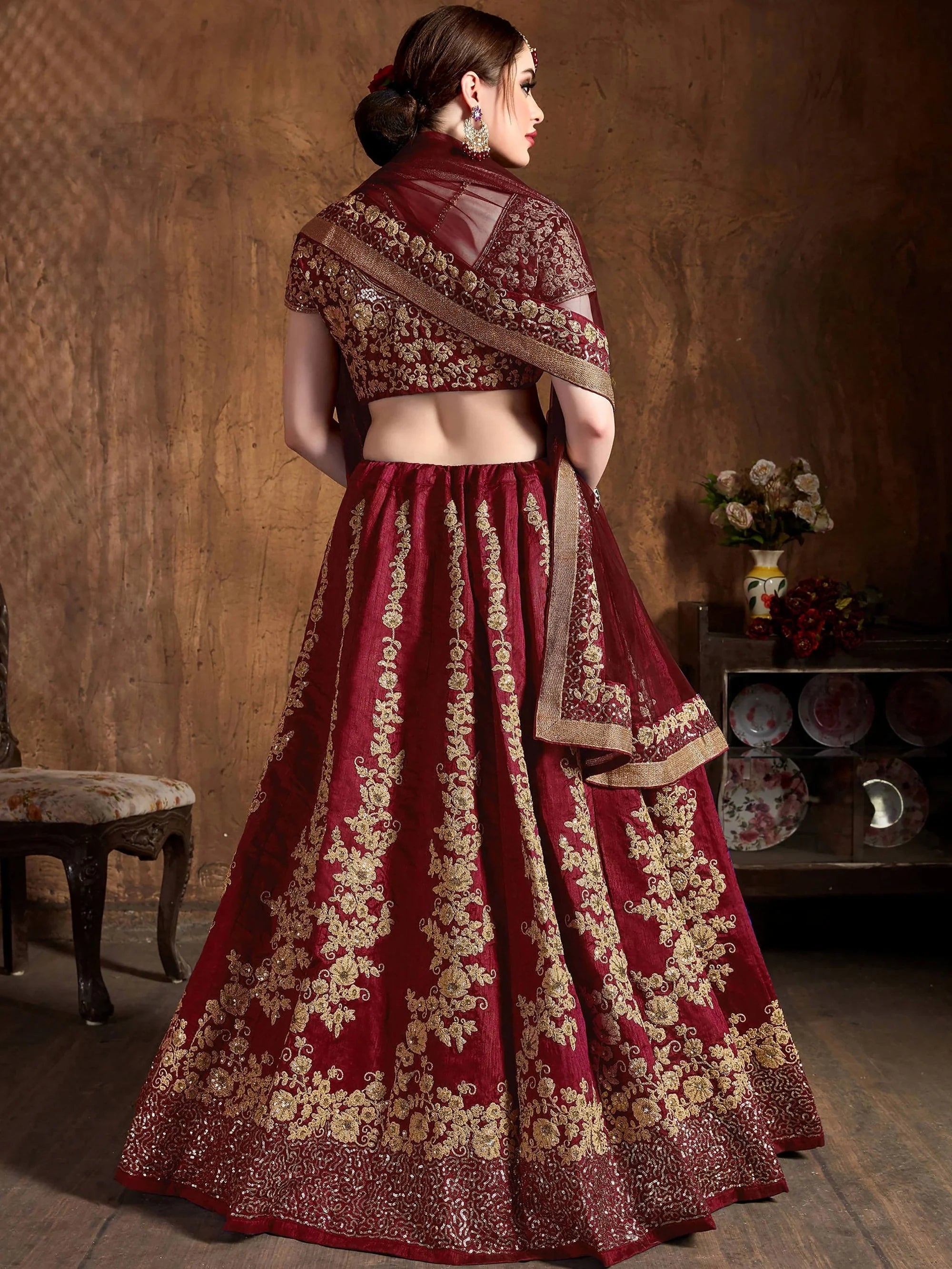 Fantastic Maroon Dori Work Silk Wedding Wear Plus Size Lehenga Choli
