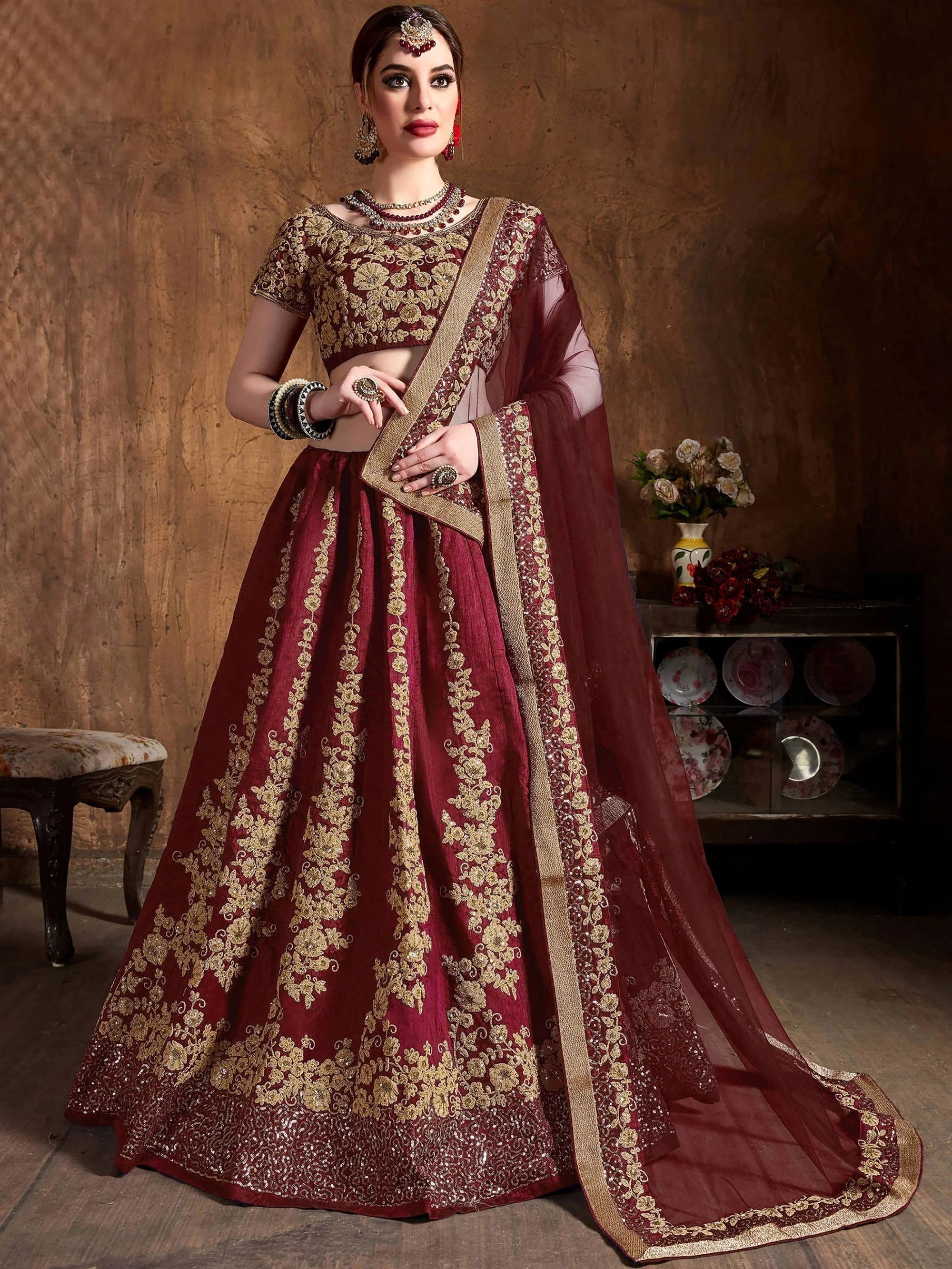 Fantastic Maroon Dori Work Silk Wedding Wear Plus Size Lehenga Choli