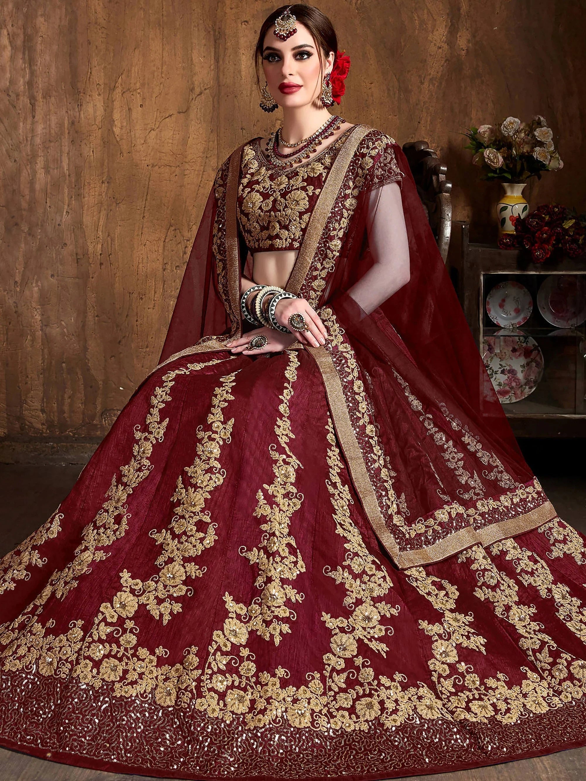 Fantastic Maroon Dori Work Silk Wedding Wear Plus Size Lehenga Choli