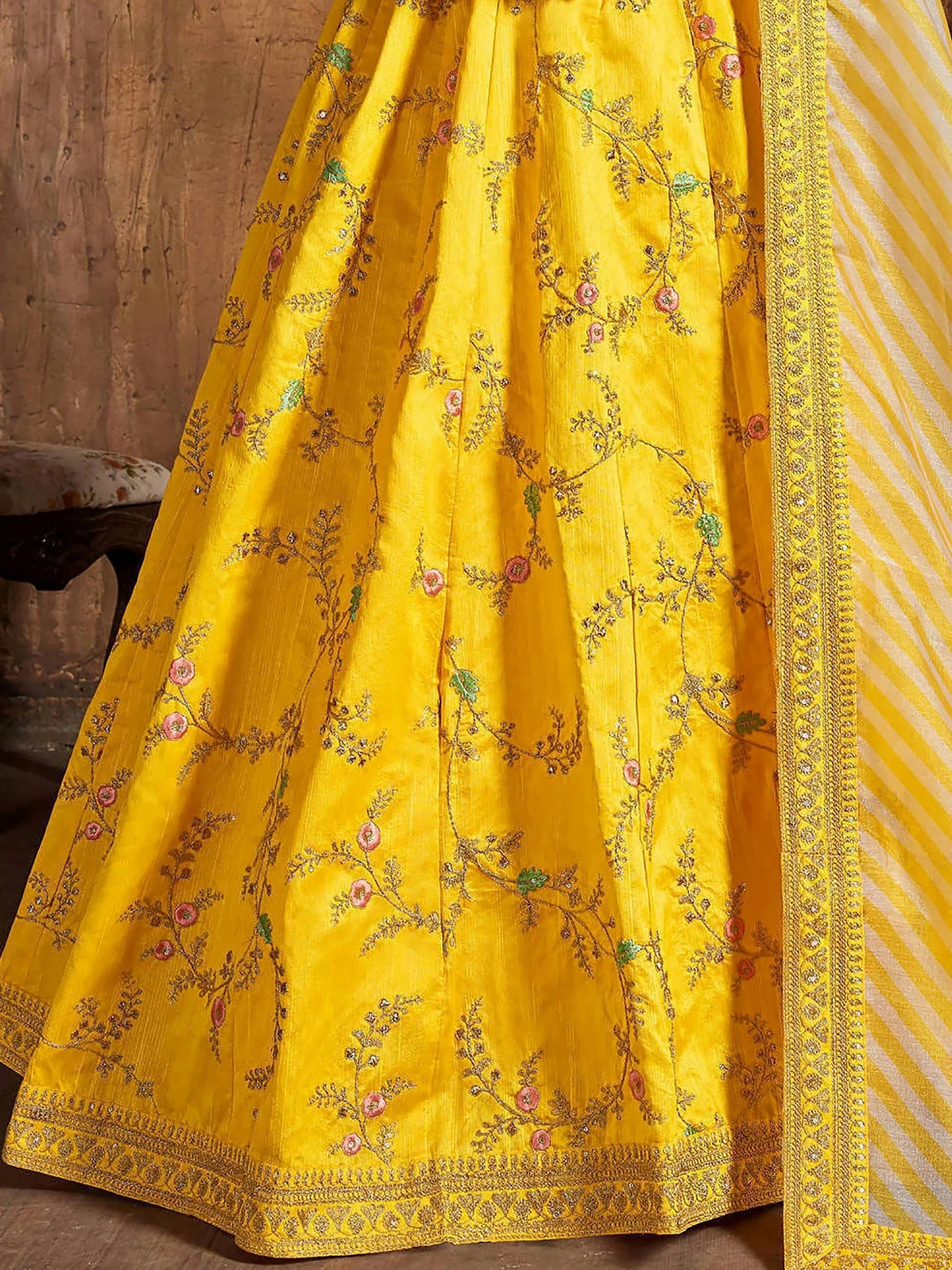 Precious Yellow Embroidered Silk Haldi Wear Plus Size Lehenga Choli