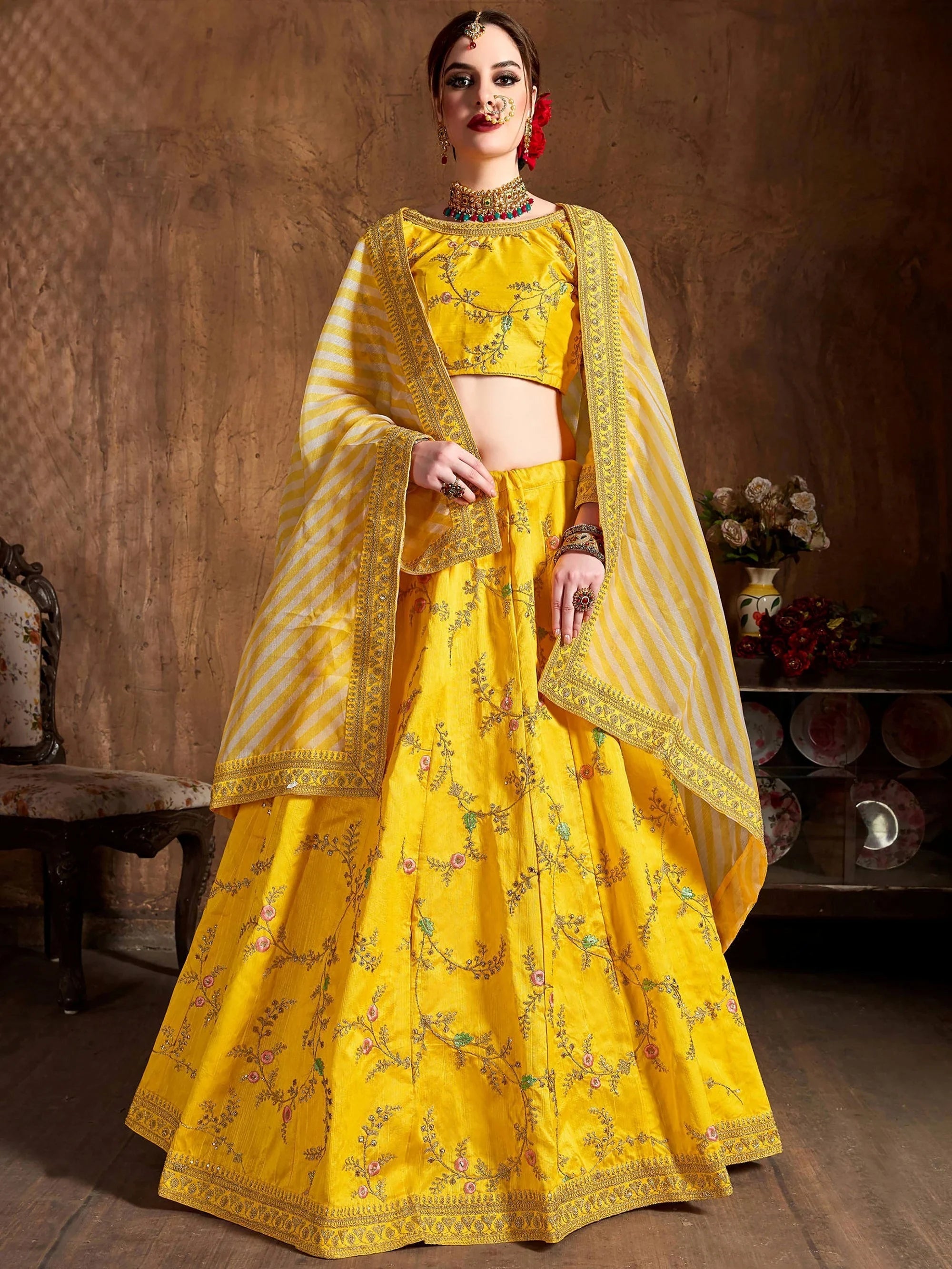 Precious Yellow Embroidered Silk Haldi Wear Plus Size Lehenga Choli