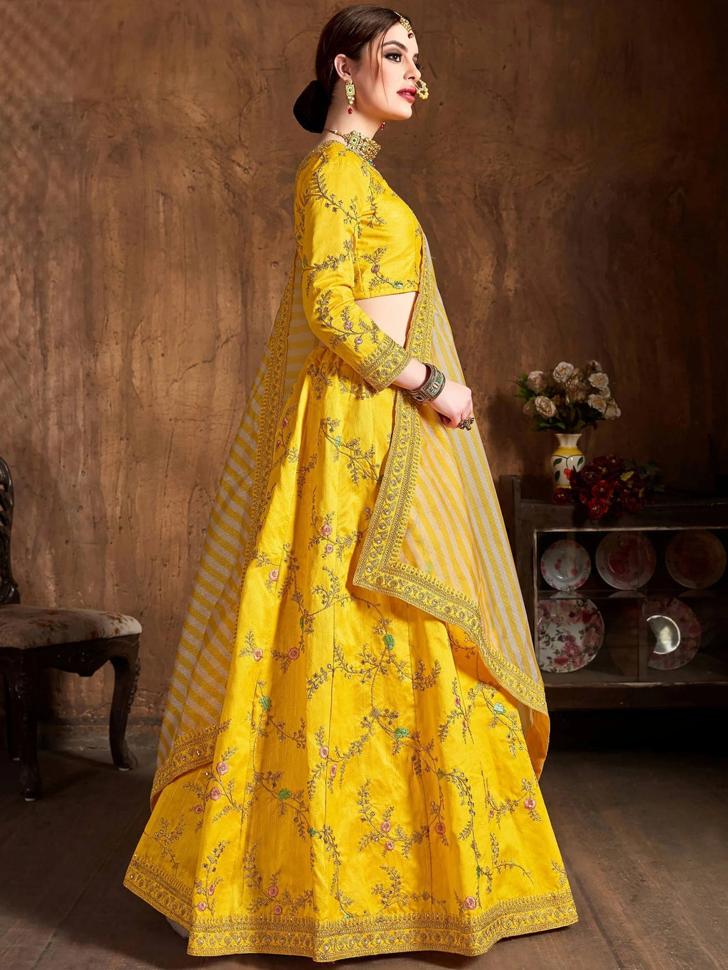 Precious Yellow Embroidered Silk Haldi Wear Plus Size Lehenga Choli
