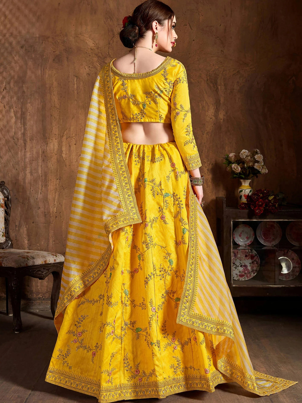 Precious Yellow Embroidered Silk Haldi Wear Plus Size Lehenga Choli