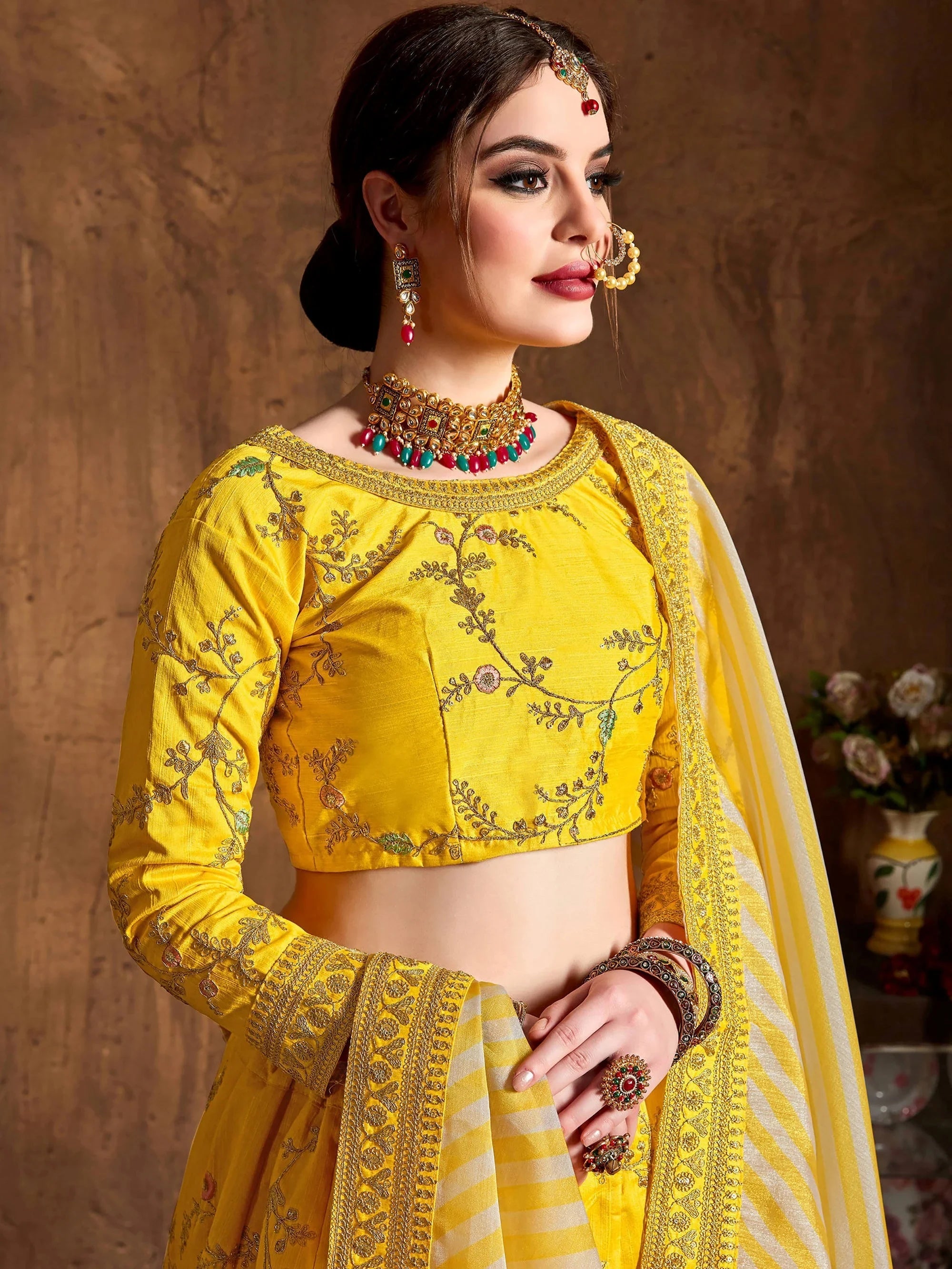 Precious Yellow Embroidered Silk Haldi Wear Plus Size Lehenga Choli