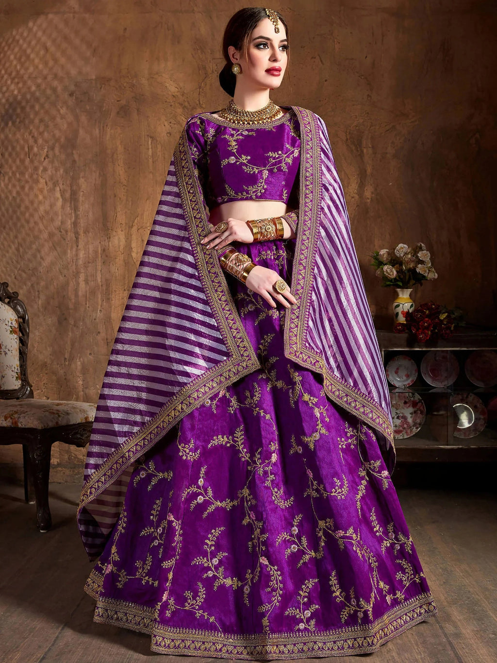 Adorable Purple Embroidered Silk Wedding Wear Plus Size Lehenga Choli