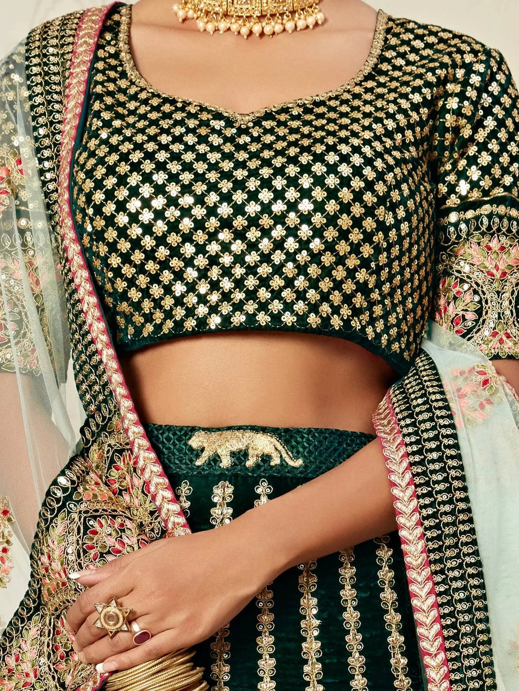 Elegant Green Embroidered Velvet Wedding Wear Plus Size Lehenga Choli