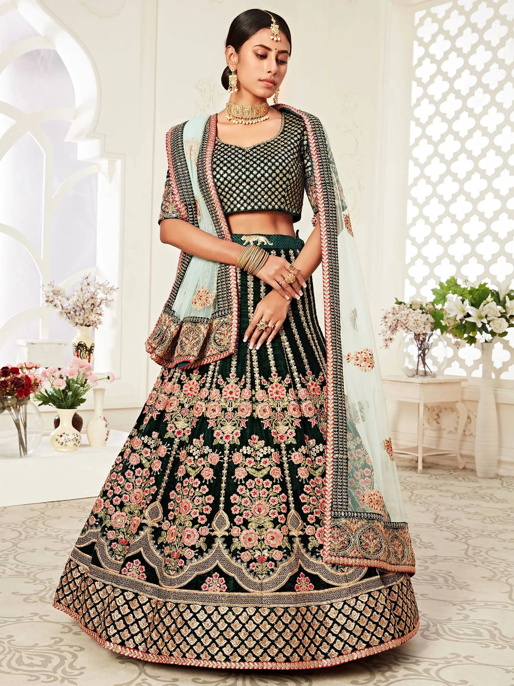 Elegant Green Embroidered Velvet Wedding Wear Plus Size Lehenga Choli