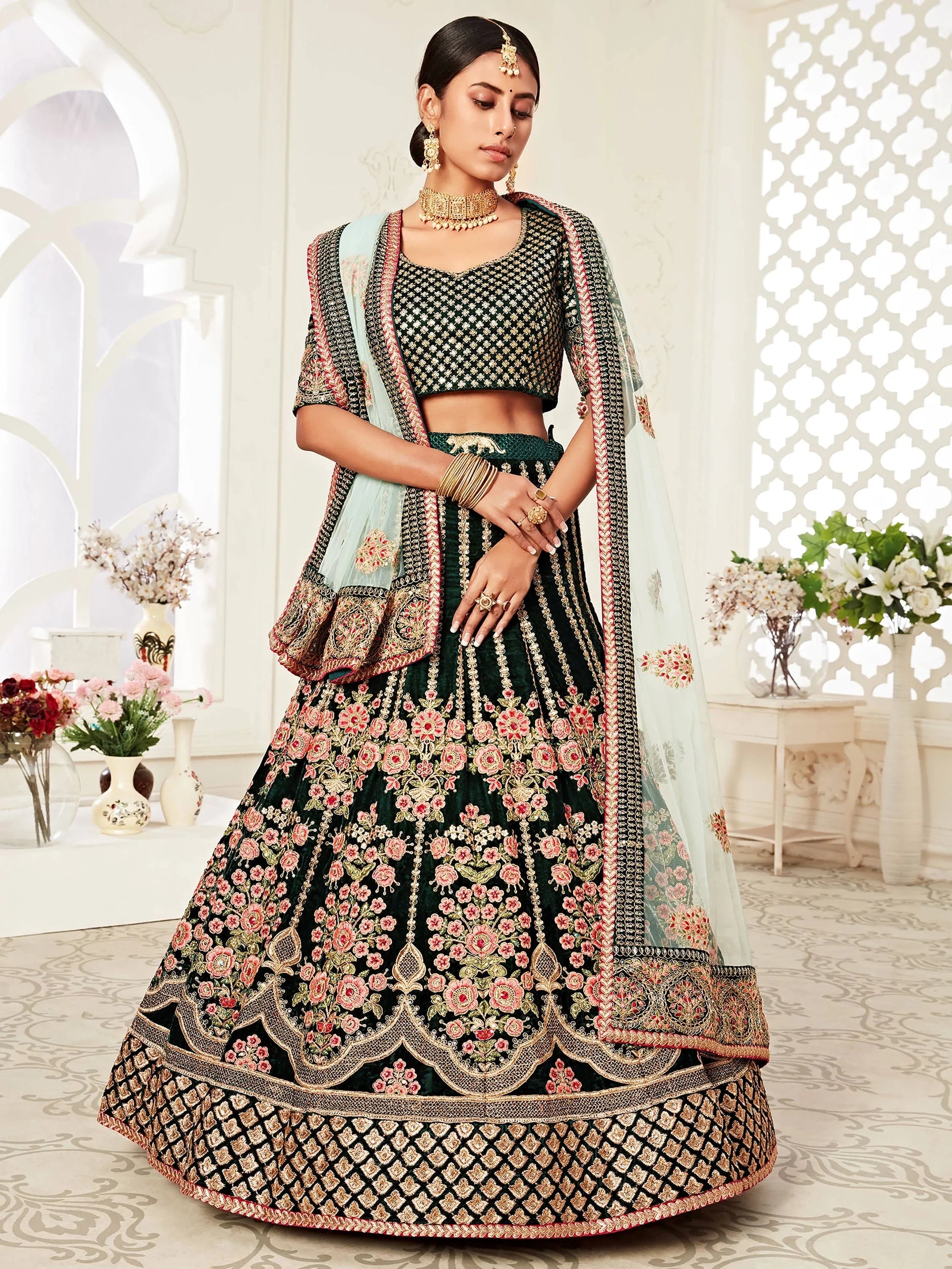 Elegant Green Embroidered Velvet Wedding Wear Plus Size Lehenga Choli