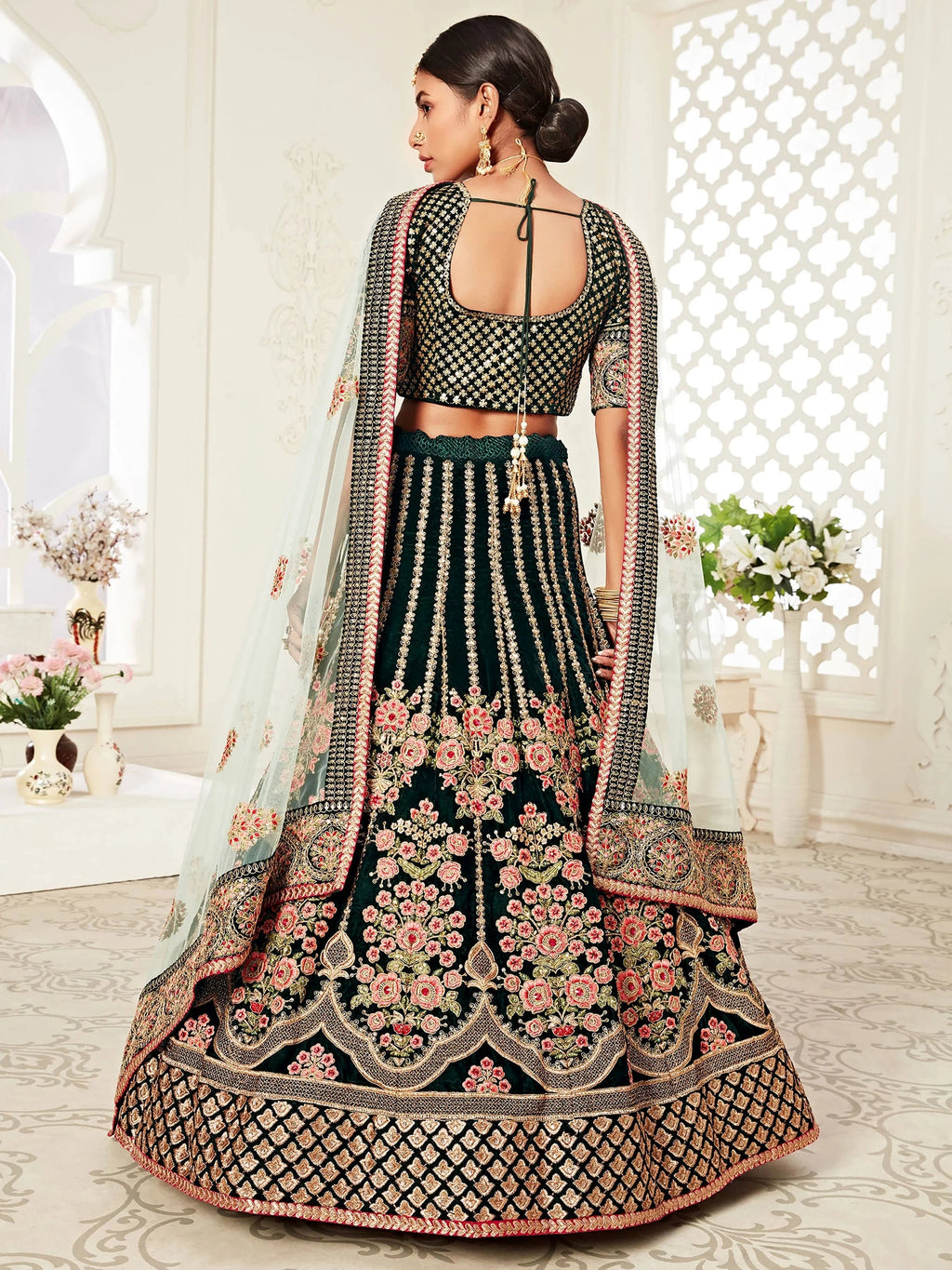 Elegant Green Embroidered Velvet Wedding Wear Plus Size Lehenga Choli