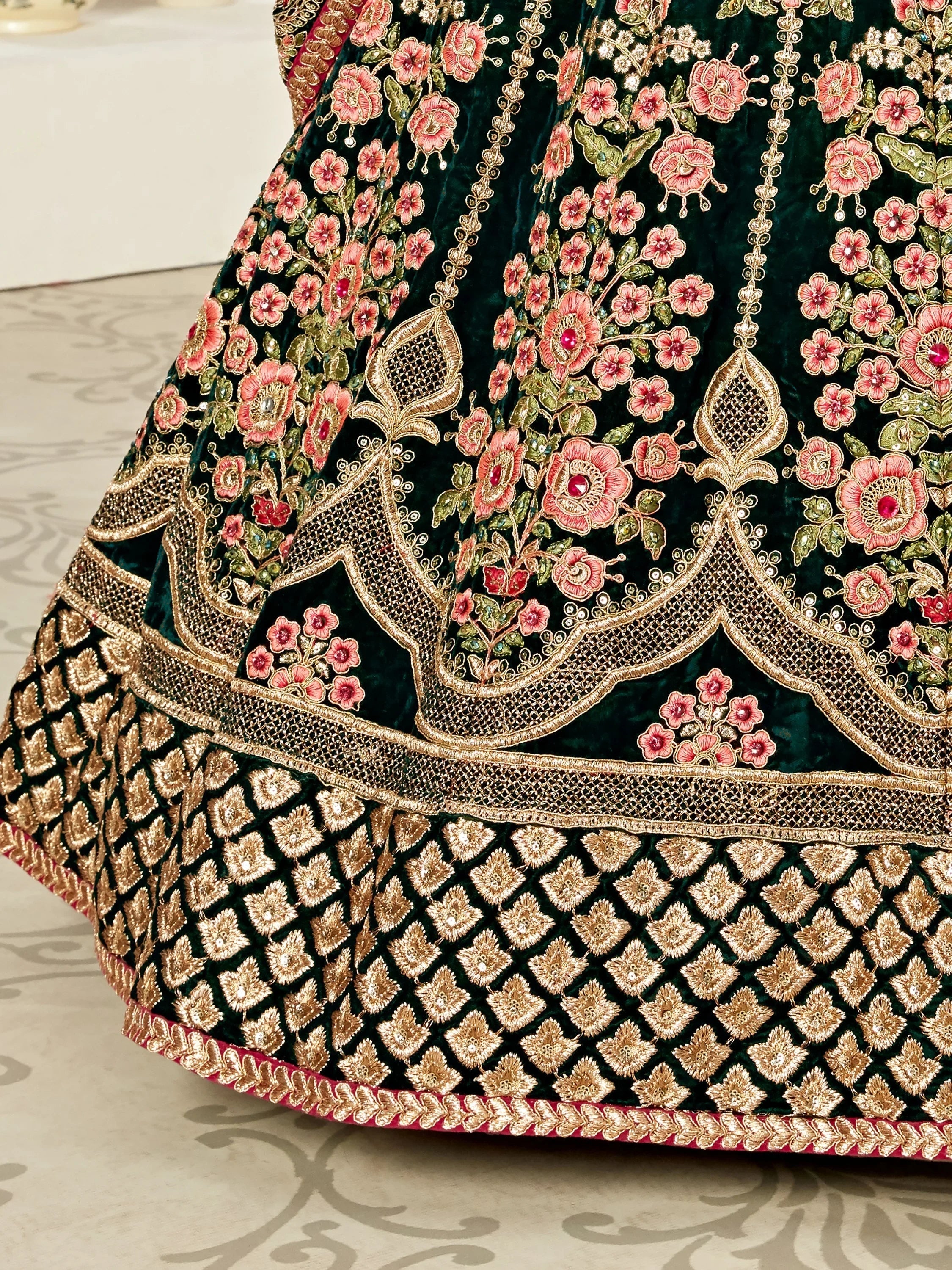 Elegant Green Embroidered Velvet Wedding Wear Plus Size Lehenga Choli