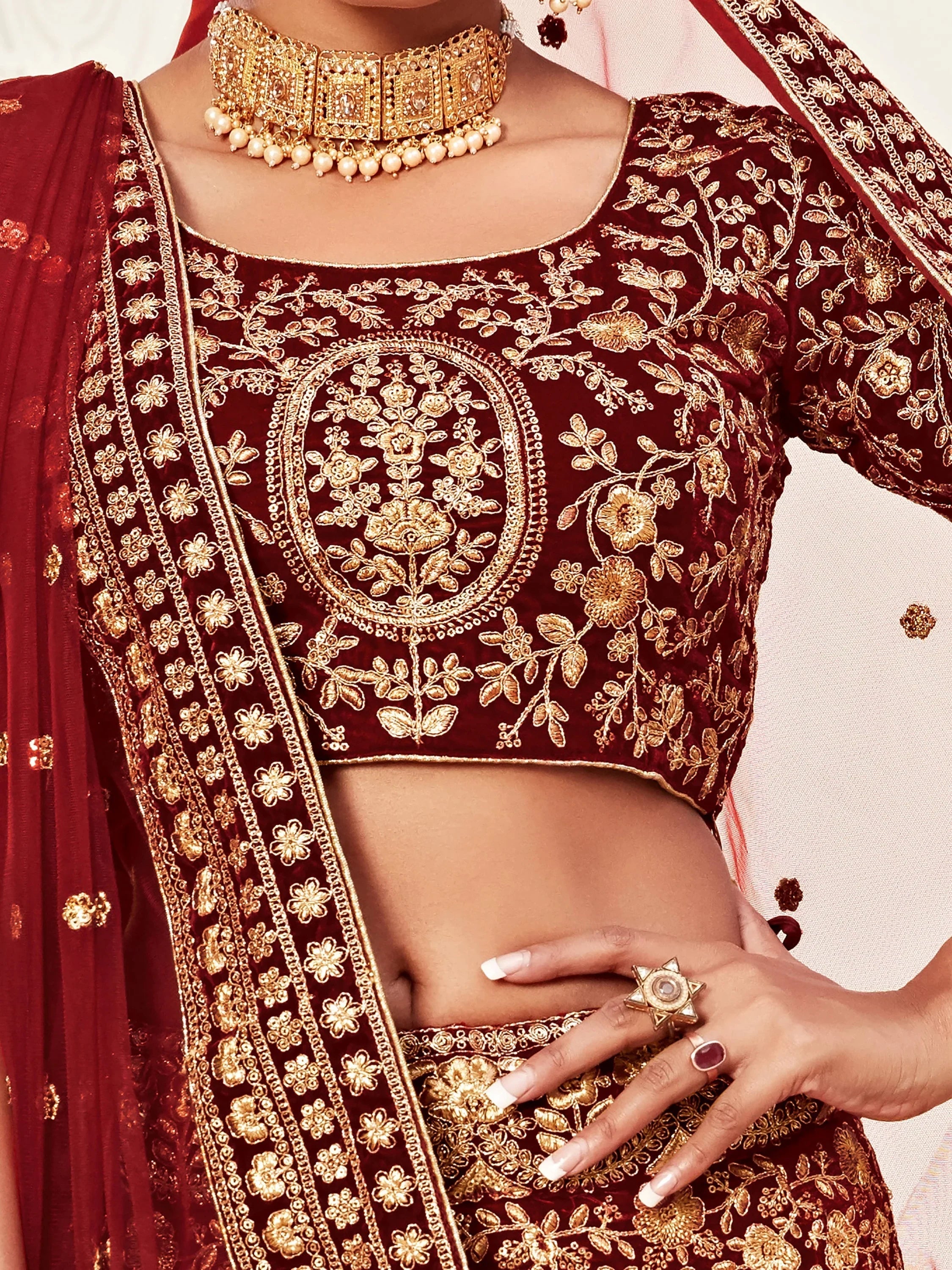 Maroon Heavy Embroidered Velvet Bridal Lehenga Choli