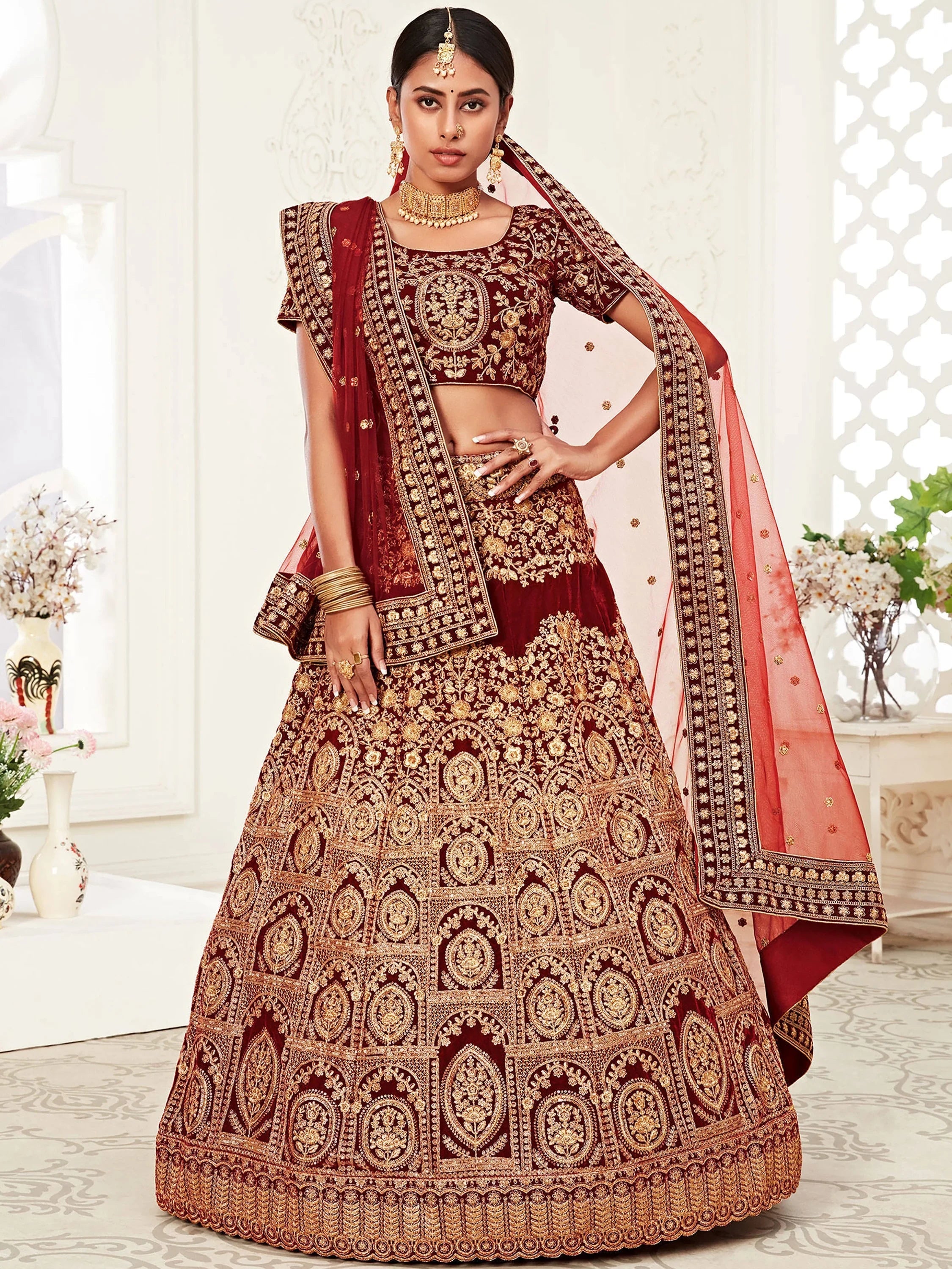 Maroon Heavy Embroidered Velvet Bridal Lehenga Choli