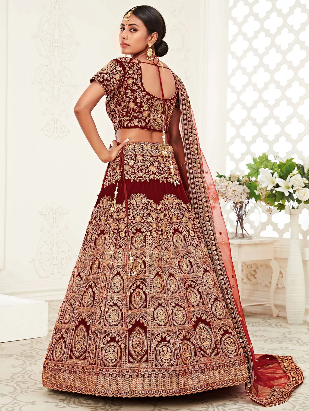 Maroon Heavy Embroidered Velvet Bridal Lehenga Choli