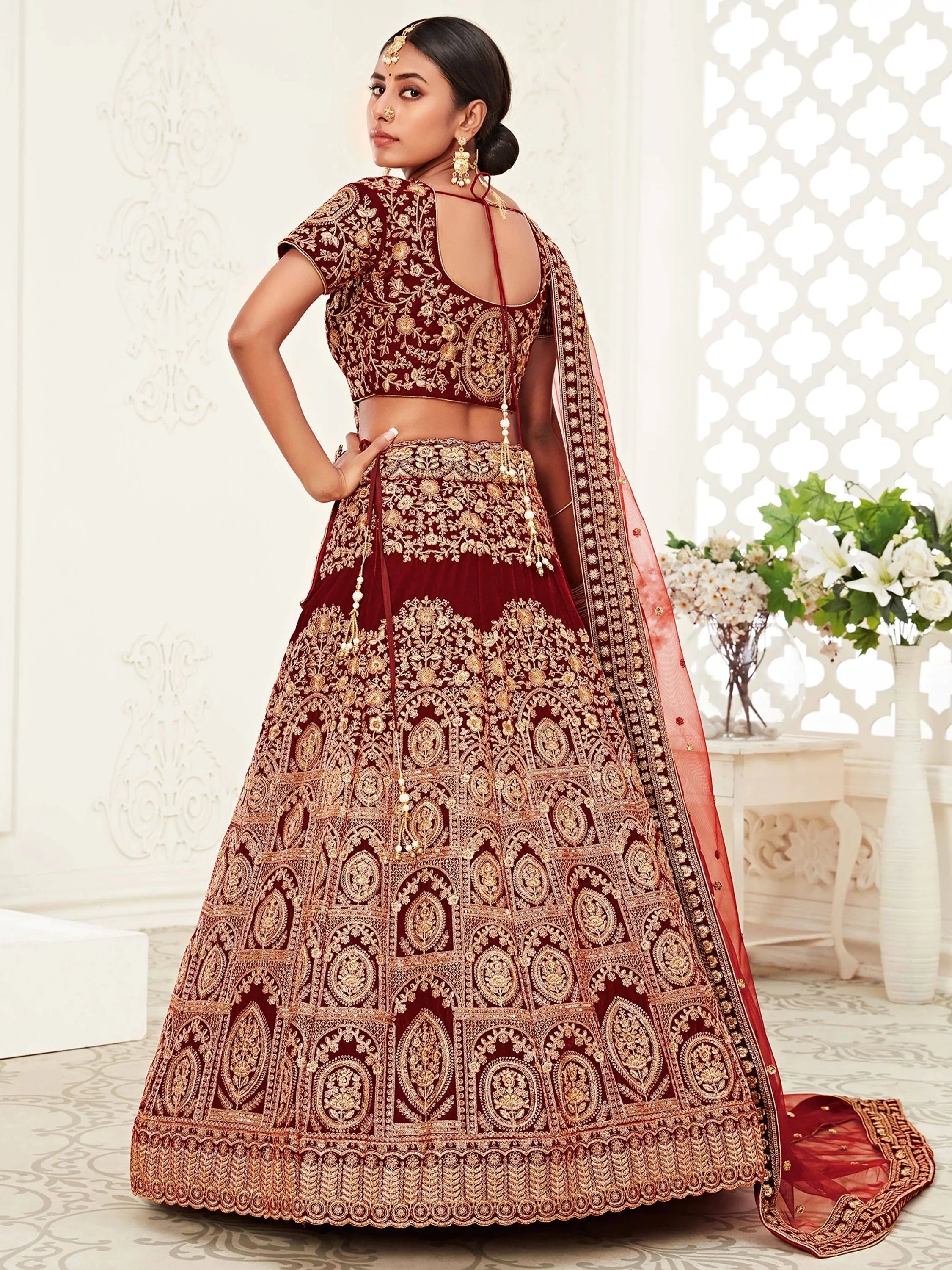 Maroon Heavy Embroidered Velvet Bridal Lehenga Choli