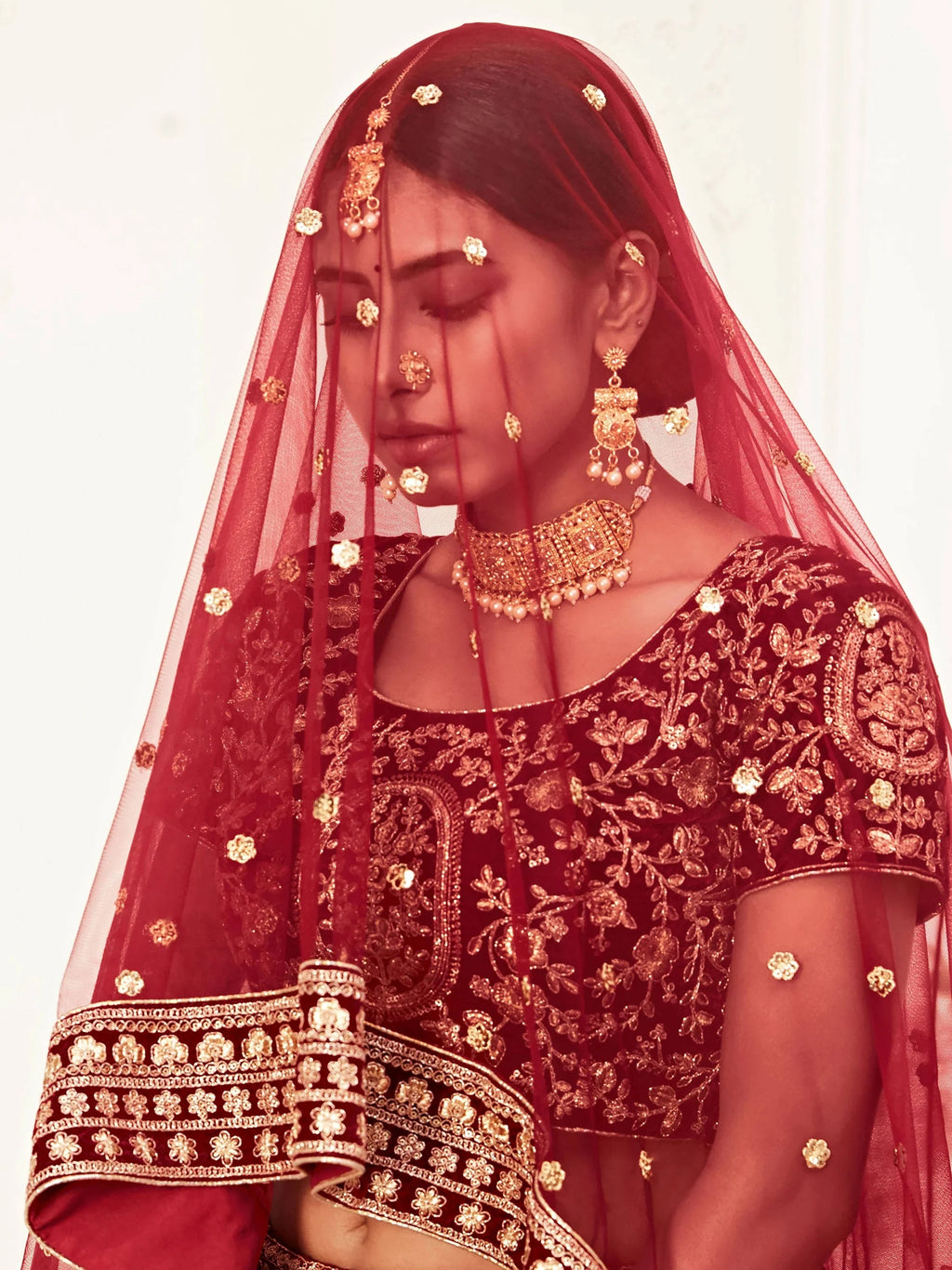 Maroon Heavy Embroidered Velvet Bridal Lehenga Choli