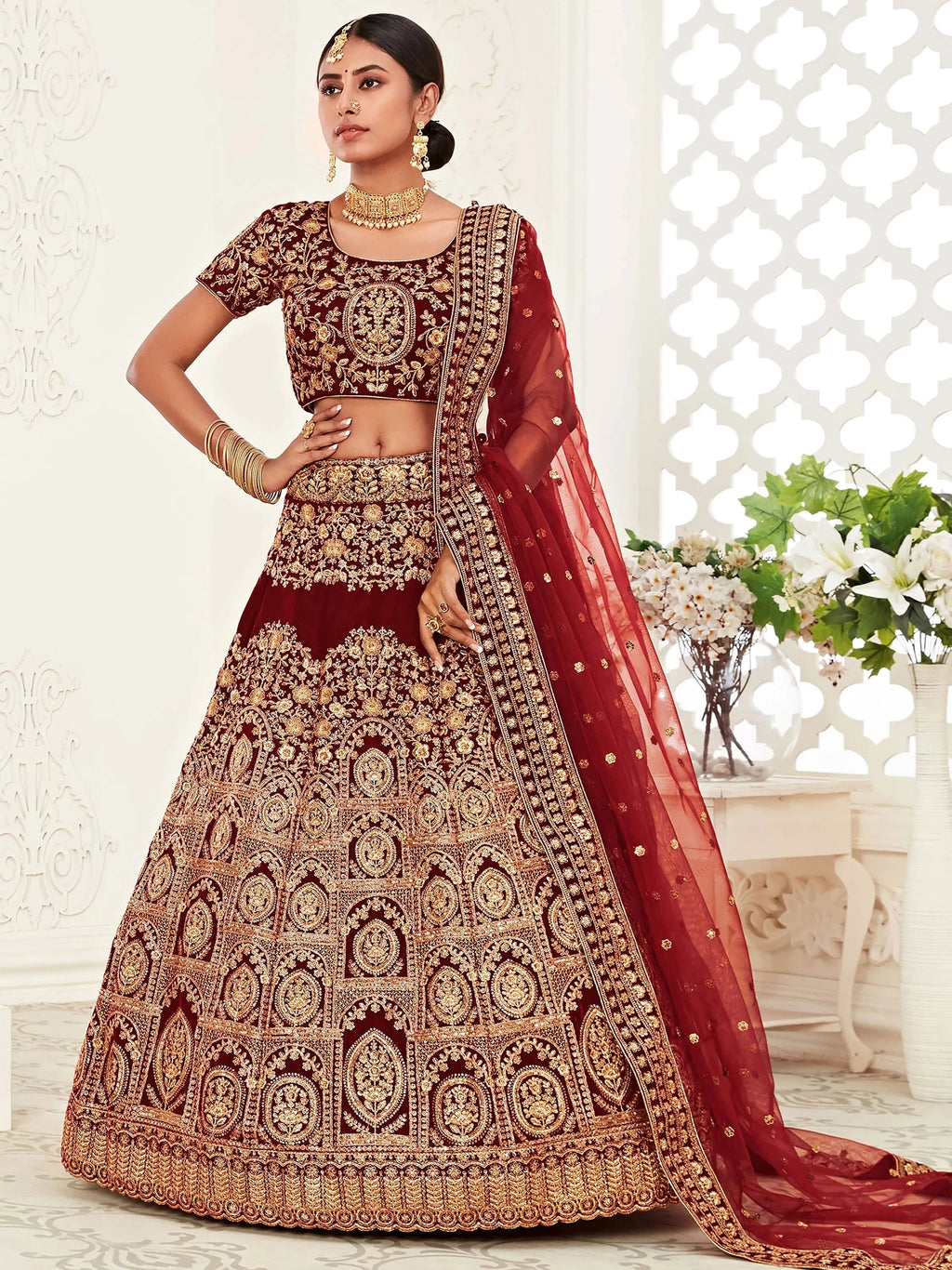 Maroon Heavy Embroidered Velvet Bridal Lehenga Choli