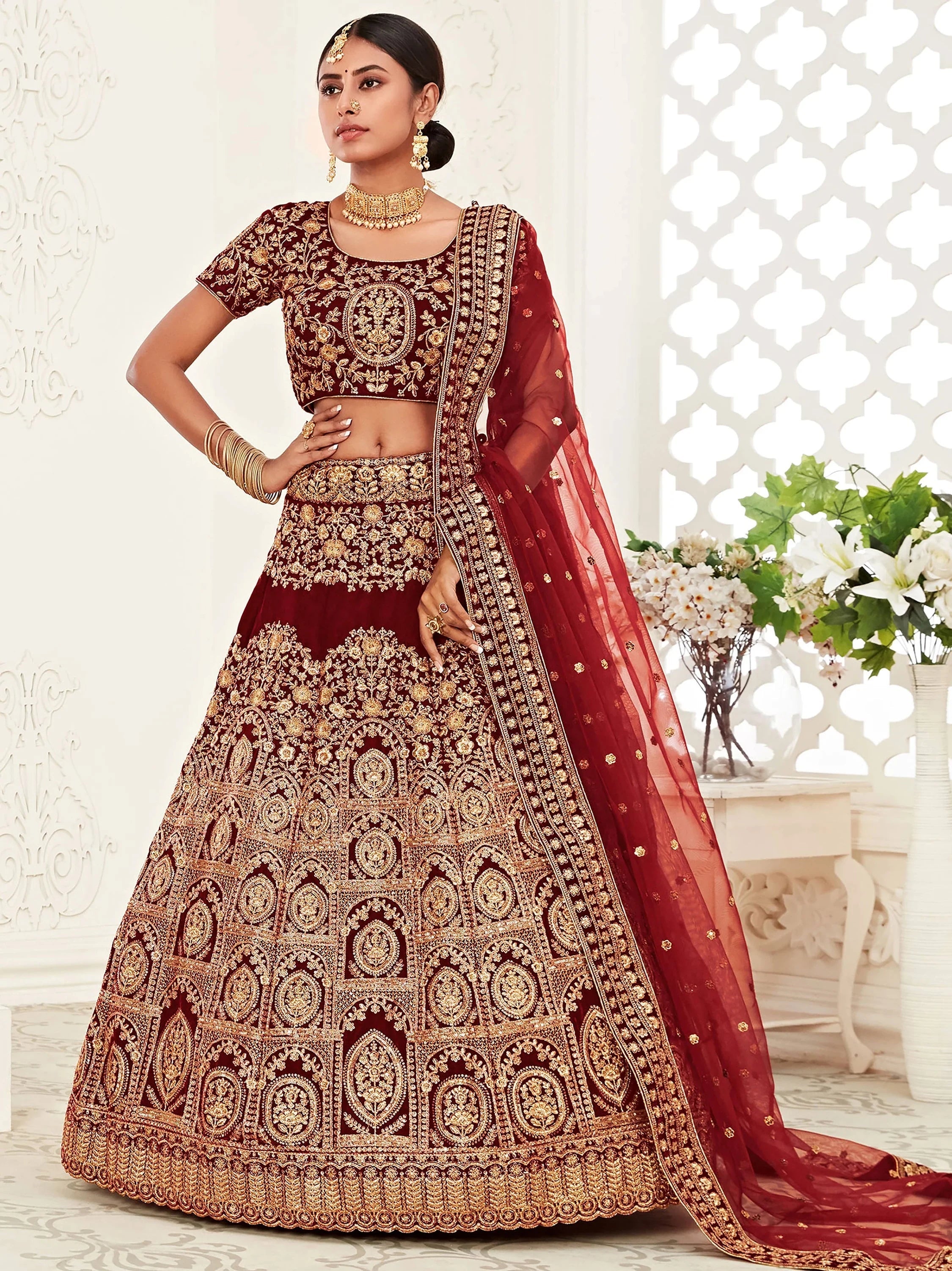 Maroon Heavy Embroidered Velvet Bridal Lehenga Choli
