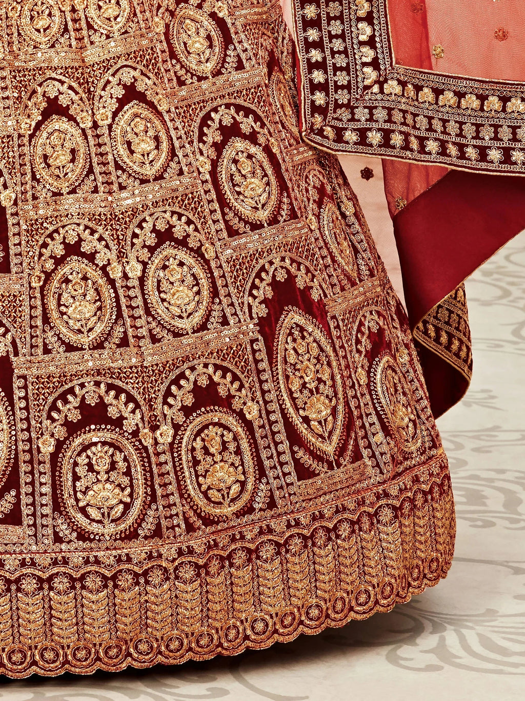 Maroon Heavy Embroidered Velvet Bridal Lehenga Choli
