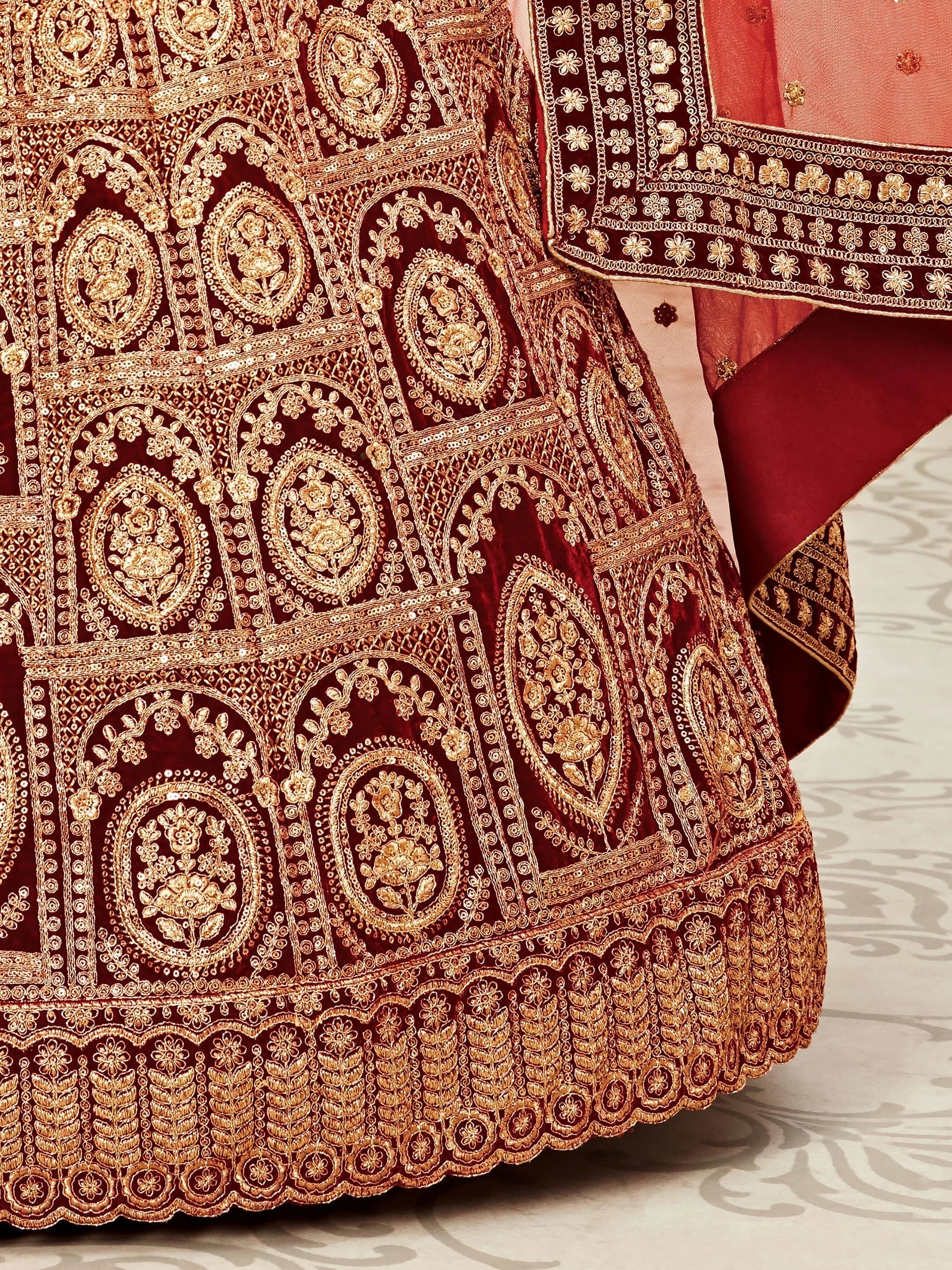 Maroon Heavy Embroidered Velvet Bridal Lehenga Choli