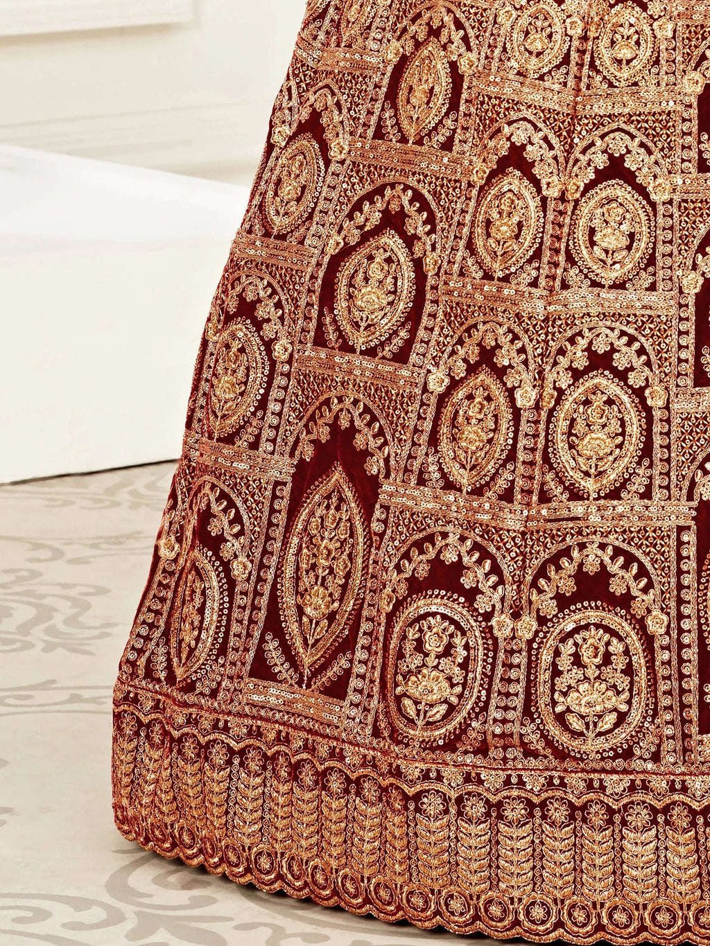 Maroon Heavy Embroidered Velvet Bridal Lehenga Choli