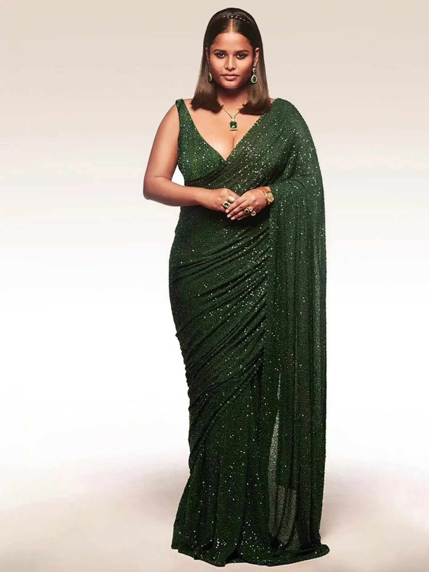 Bottle Green Mehendi Sequins Party Wear Saree With Blouse