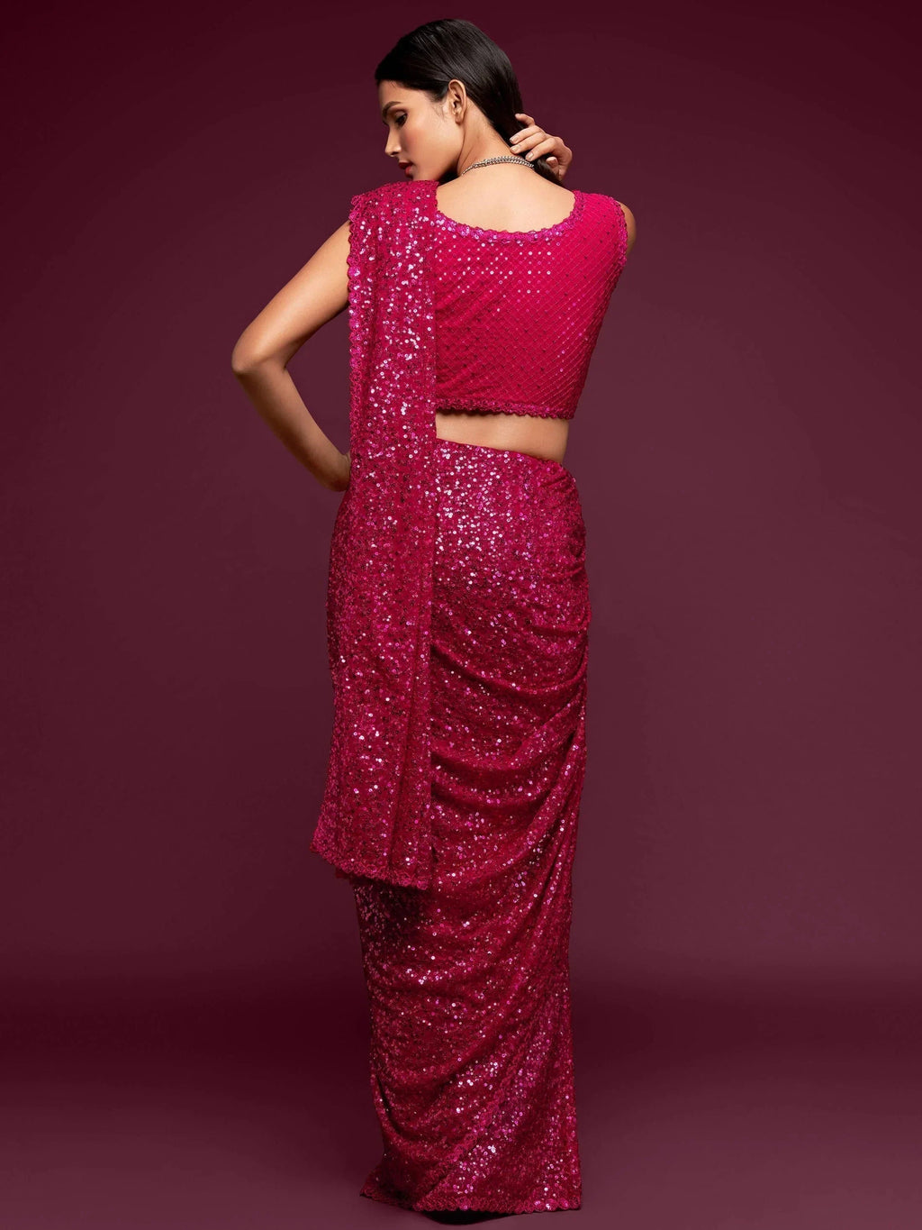 Pink Mehendi Sequins Party Wear Saree With Blouse