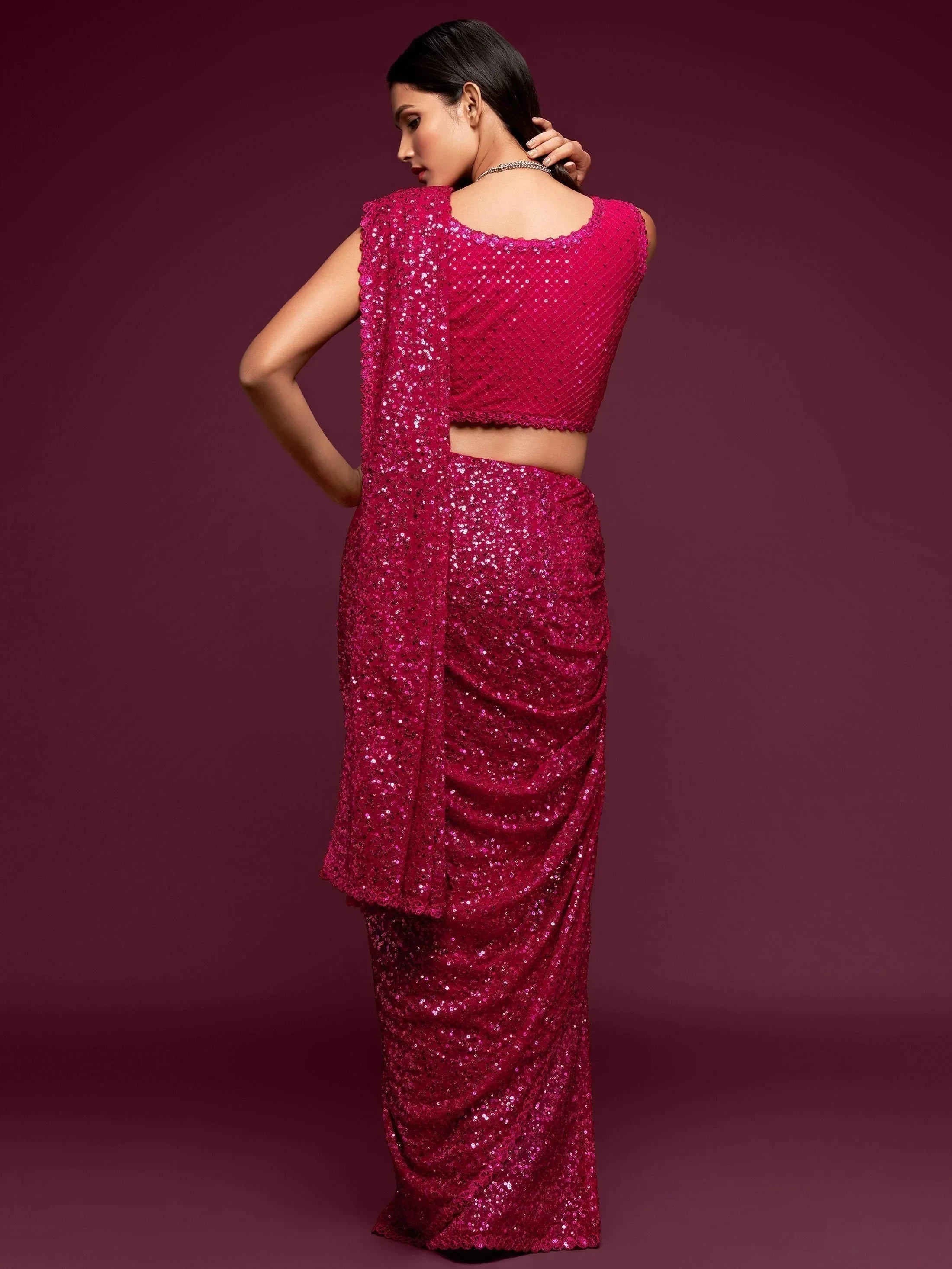 Pink Mehendi Sequins Party Wear Saree With Blouse