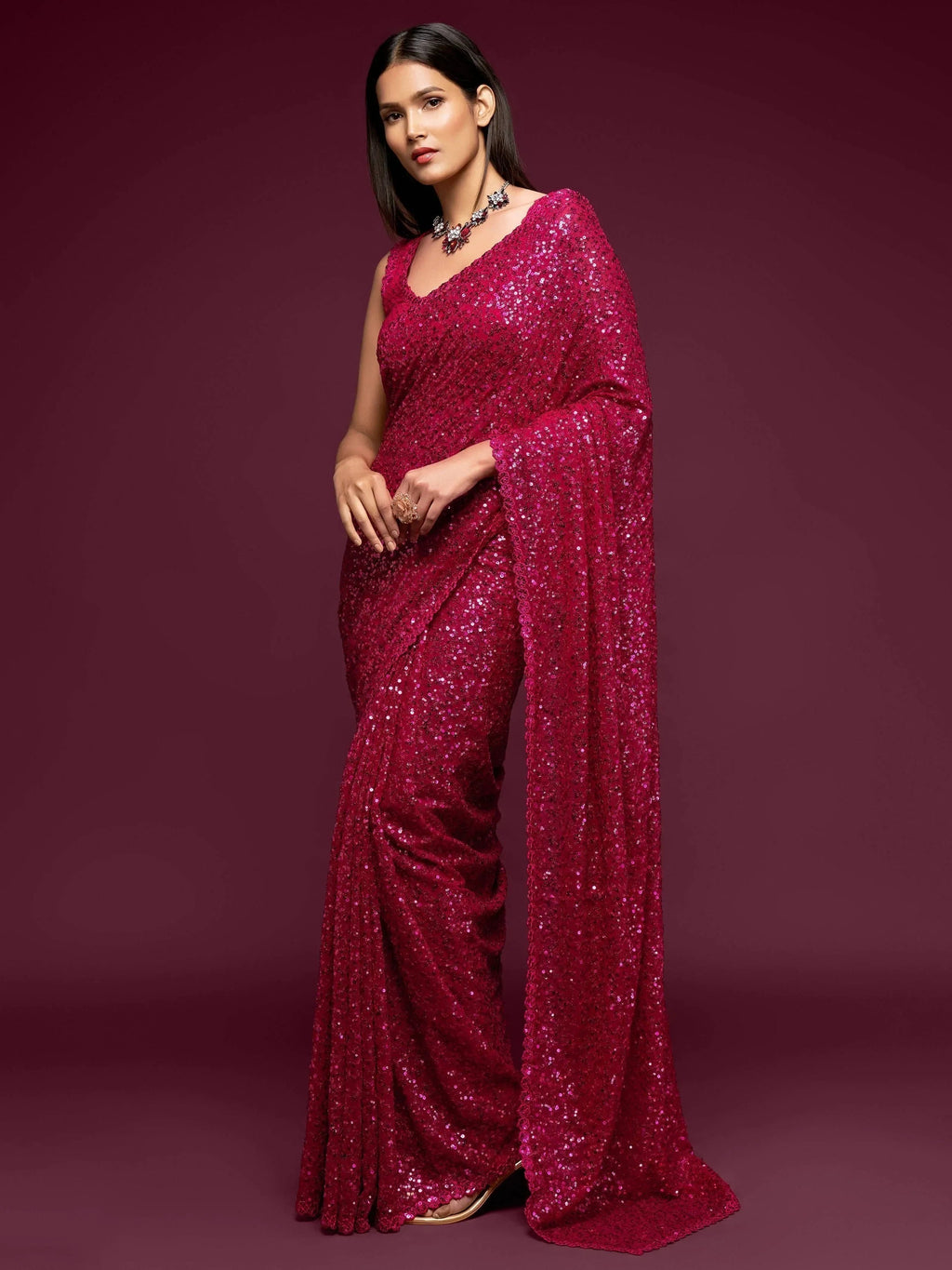 Pink Mehendi Sequins Party Wear Saree With Blouse