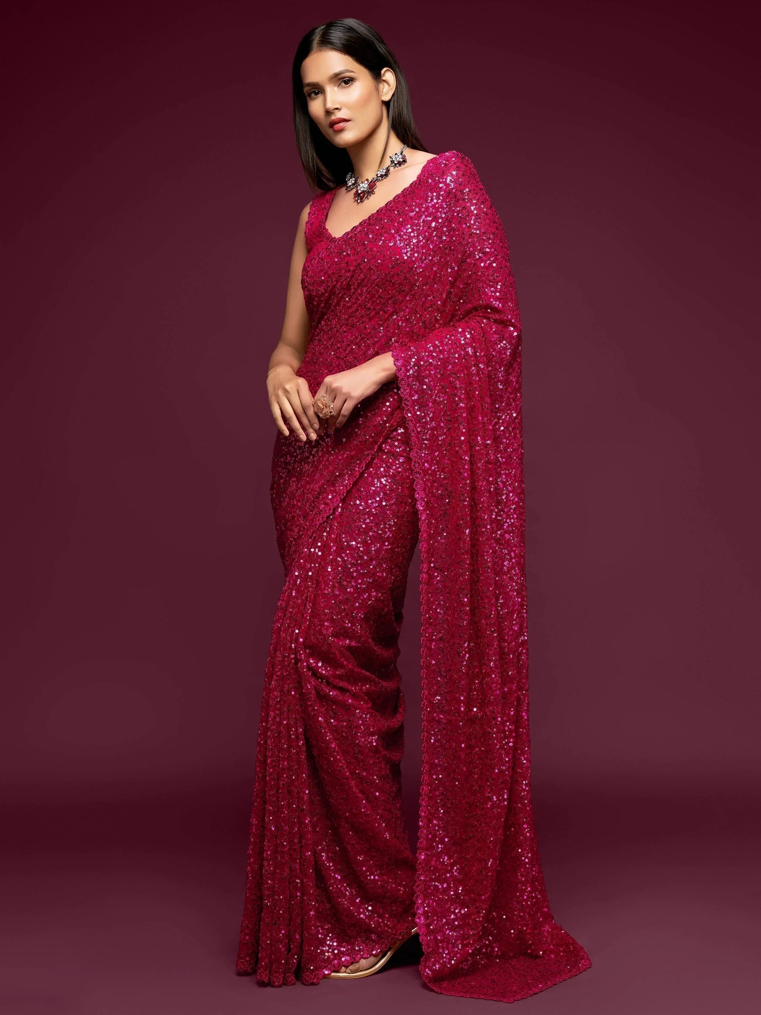 Pink Mehendi Sequins Party Wear Saree With Blouse