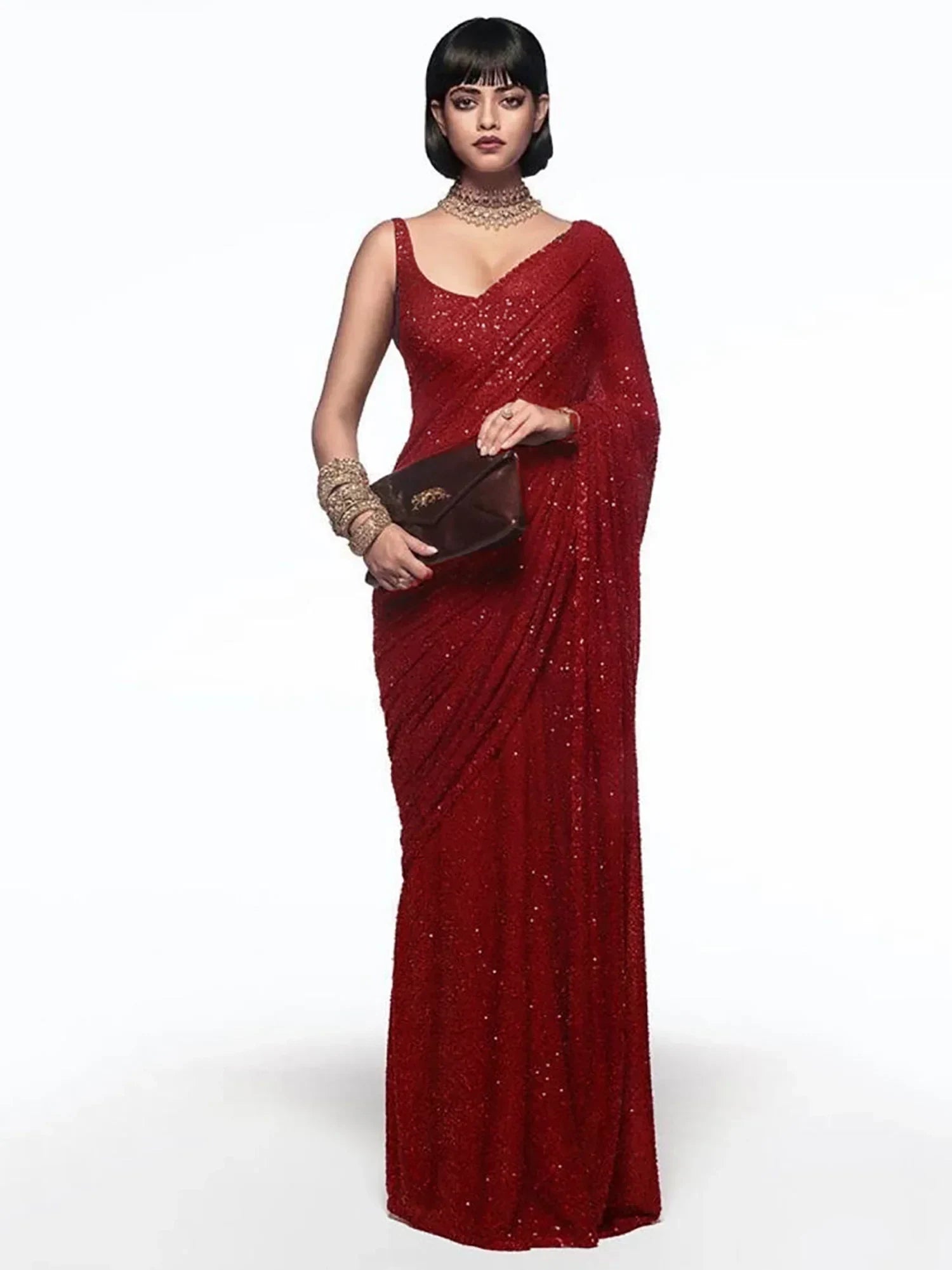 Red Mehendi Sequins Party Wear Saree With Blouse