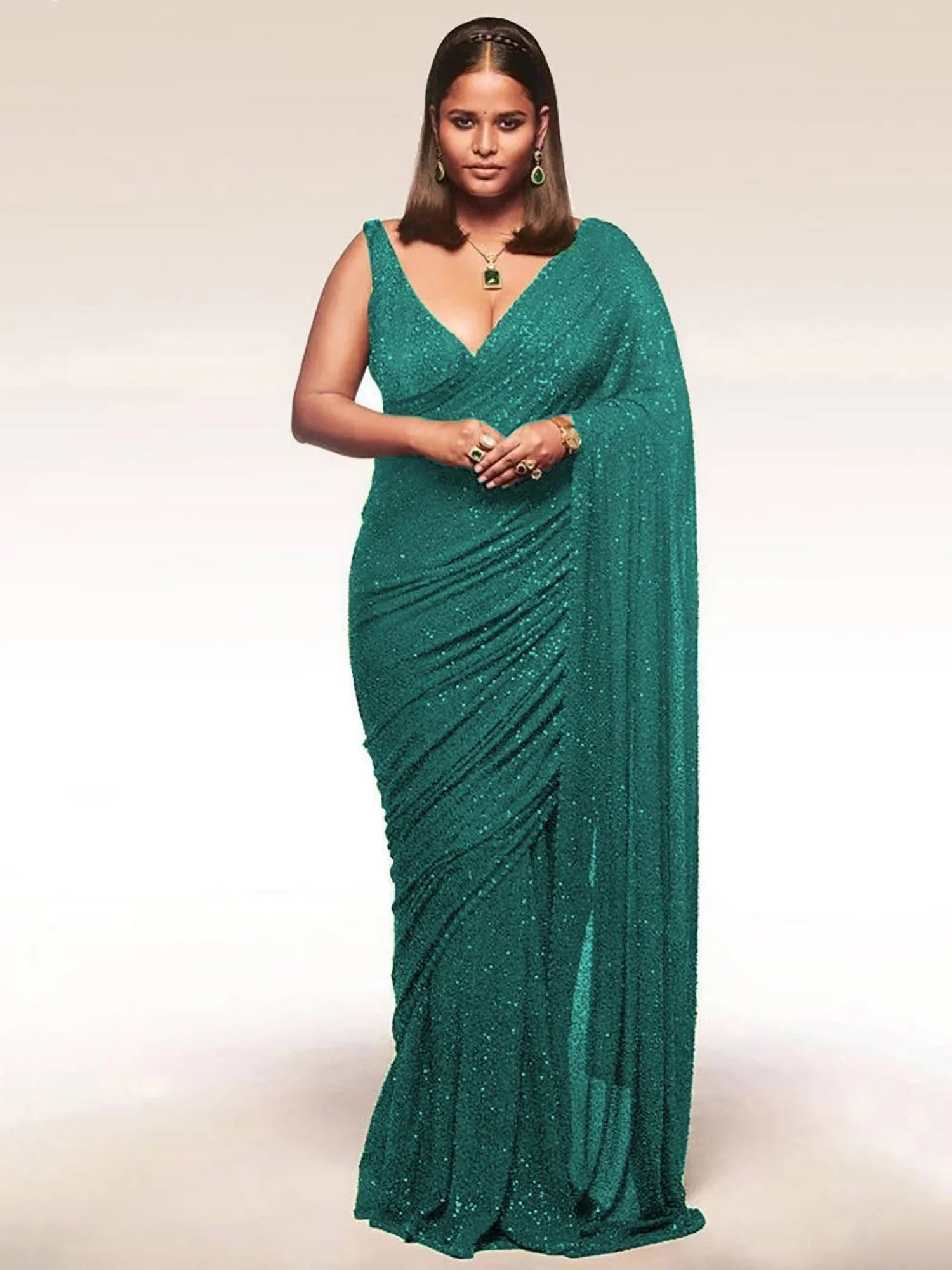 Teal Mehendi Sequins Party Wear Saree With Blouse