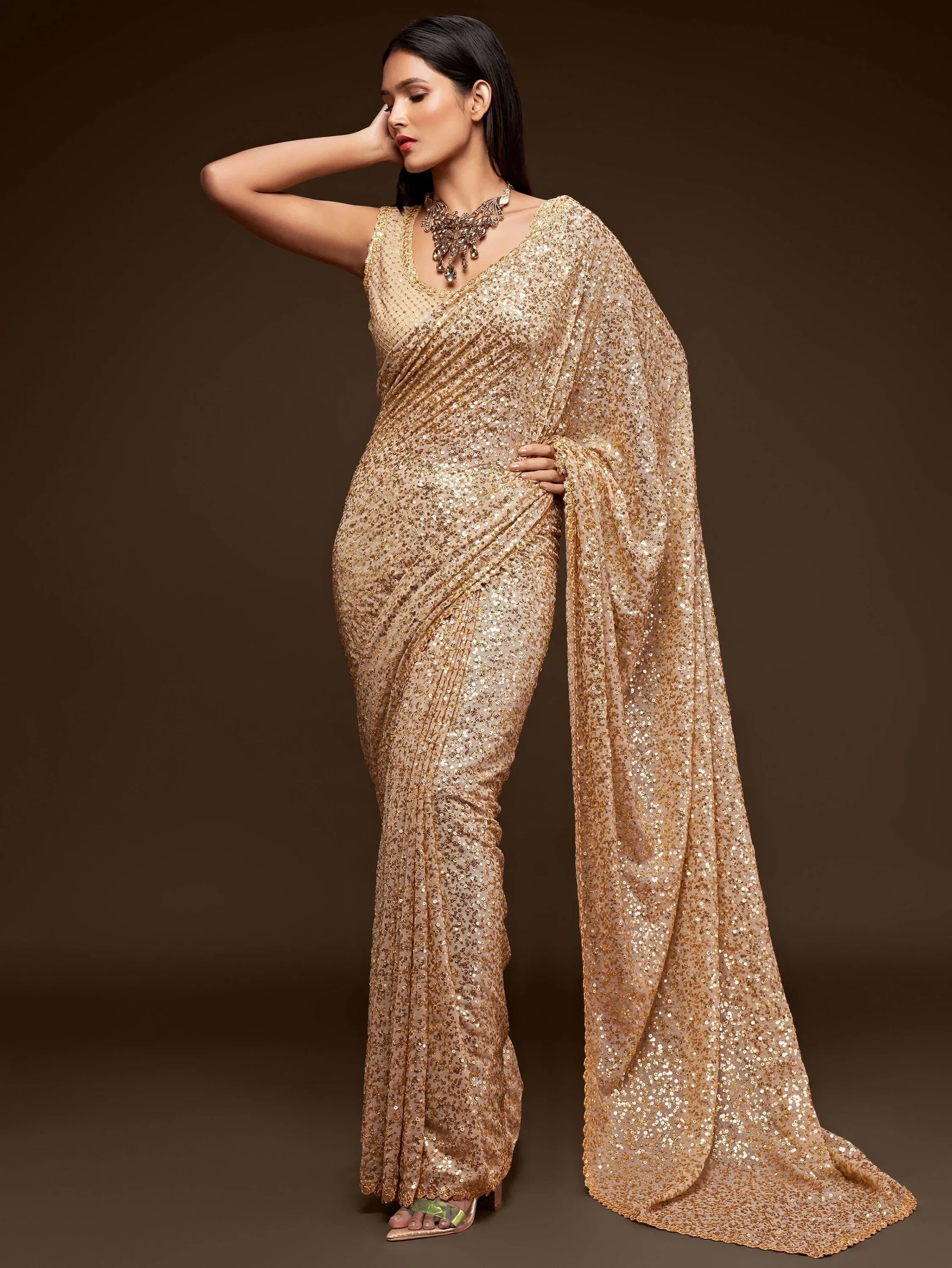 Sabyasachi Mehendi Sequins Party Wear Saree With Blouse