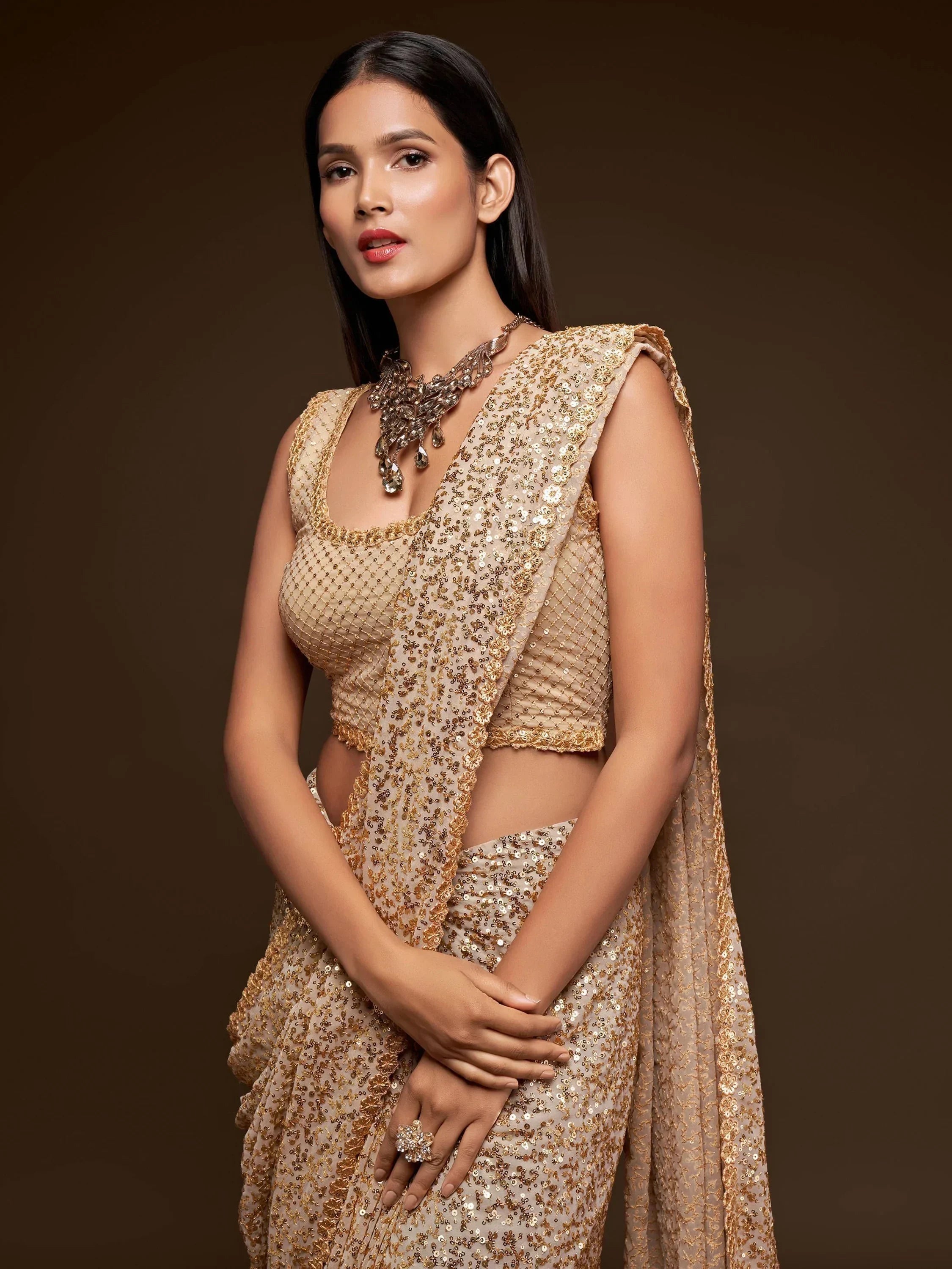 Sabyasachi Mehendi Sequins Party Wear Saree With Blouse