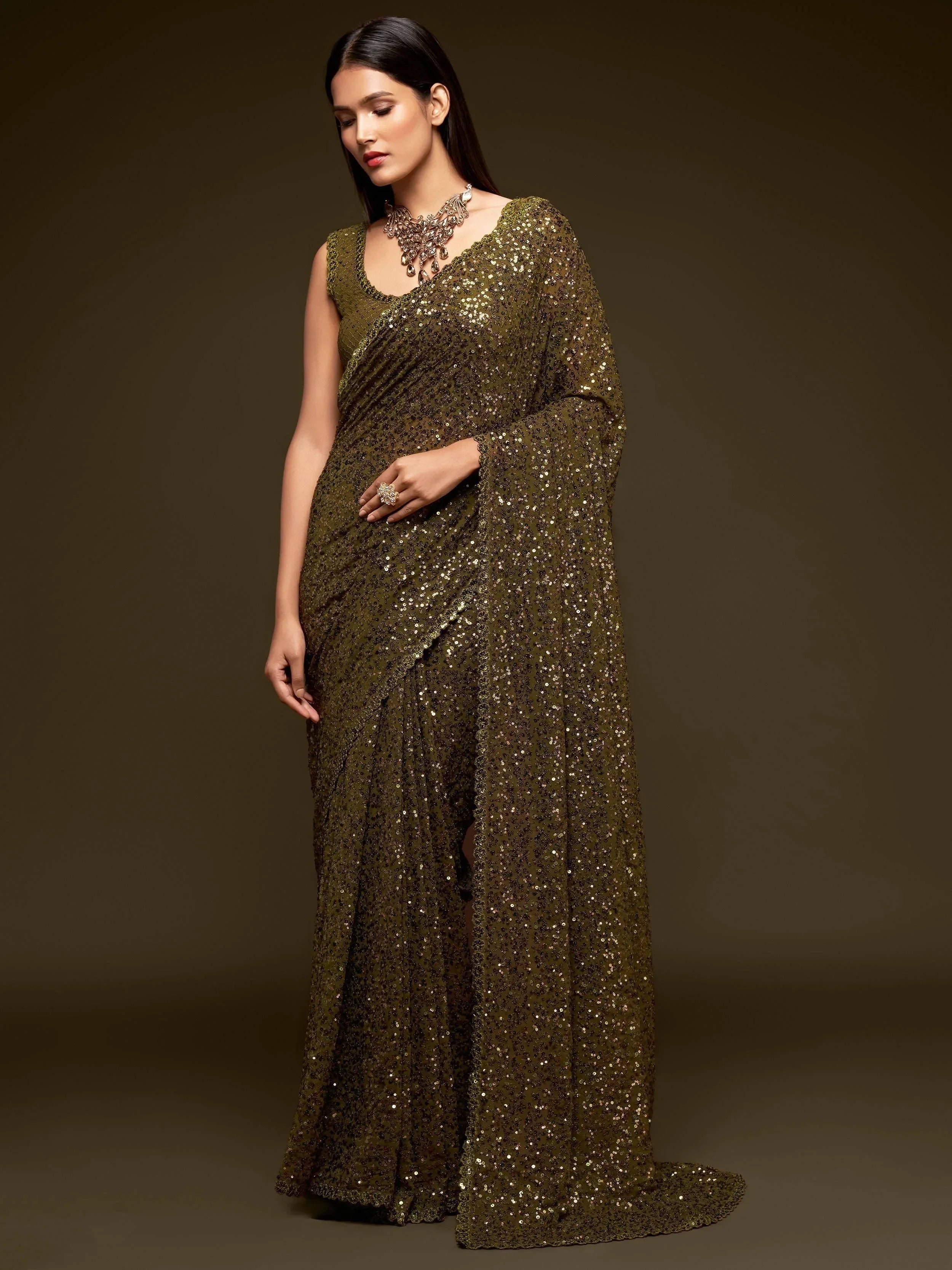 Green Mehendi Sequins Party Wear Saree With Blouse