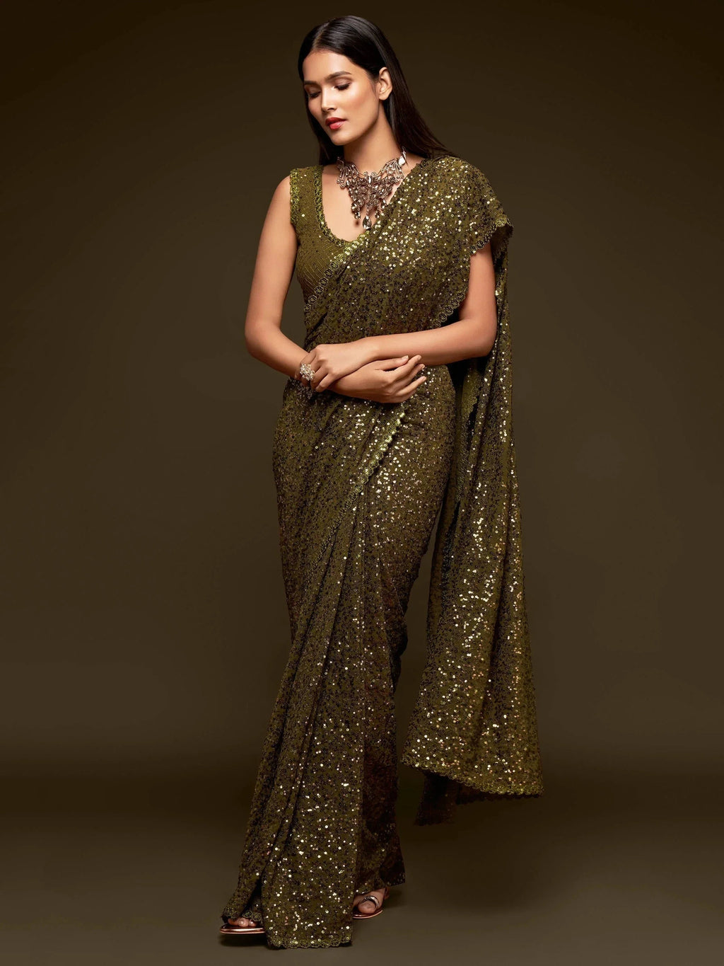 Green Mehendi Sequins Party Wear Saree With Blouse