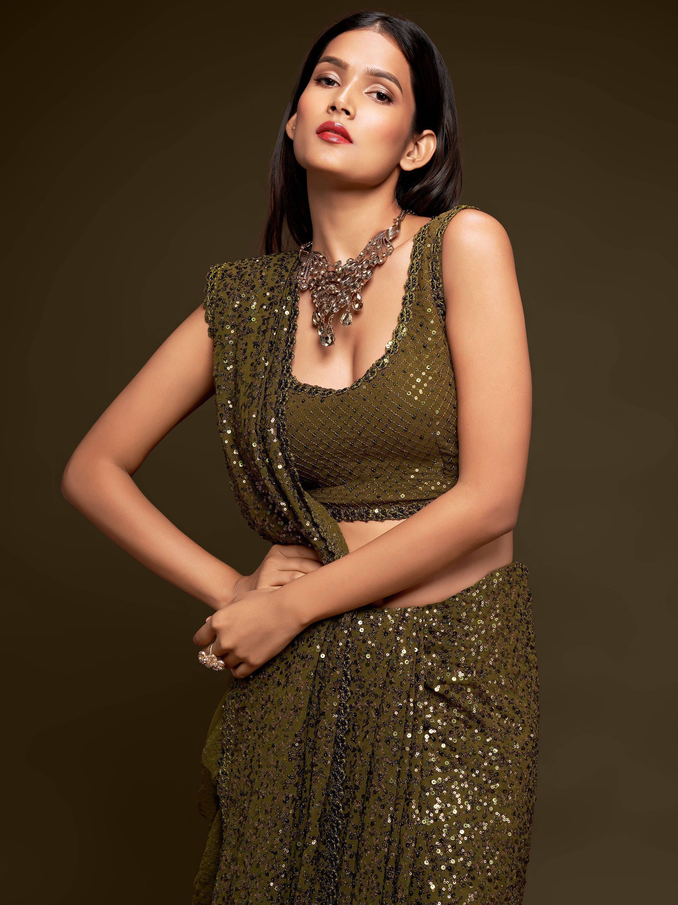 Green Mehendi Sequins Party Wear Saree With Blouse