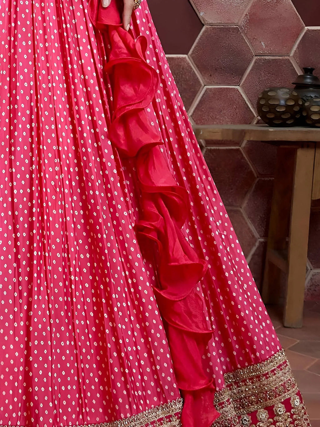 Pretty Pink Digital Print Embroidery Chinon Silk Party Wear Lehenga Choli