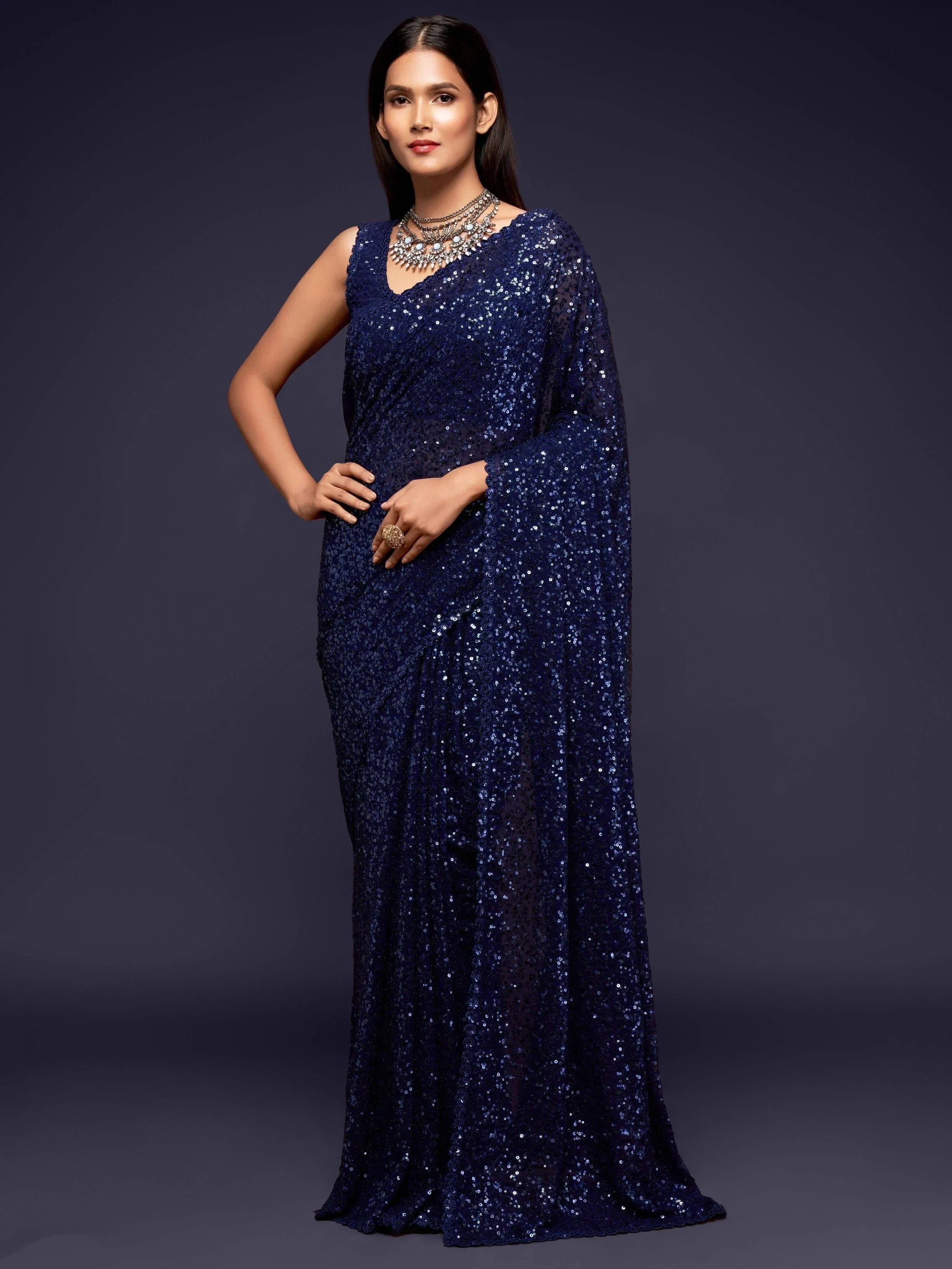 Navy Mehendi Sequins Party Wear Saree With Blouse