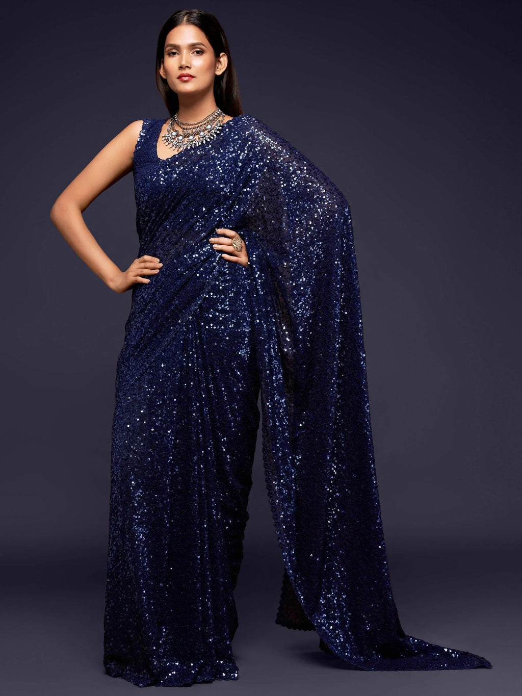 Navy Mehendi Sequins Party Wear Saree With Blouse