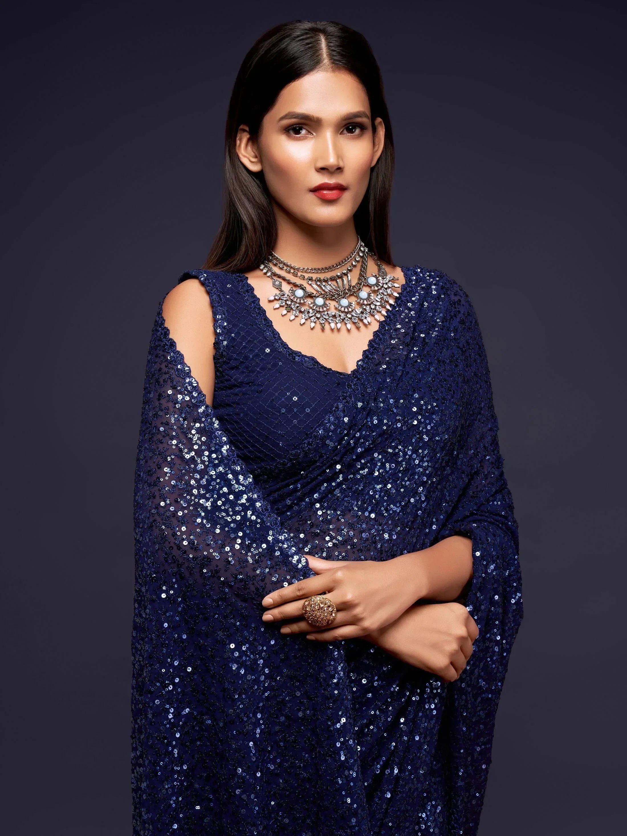 Navy Mehendi Sequins Party Wear Saree With Blouse