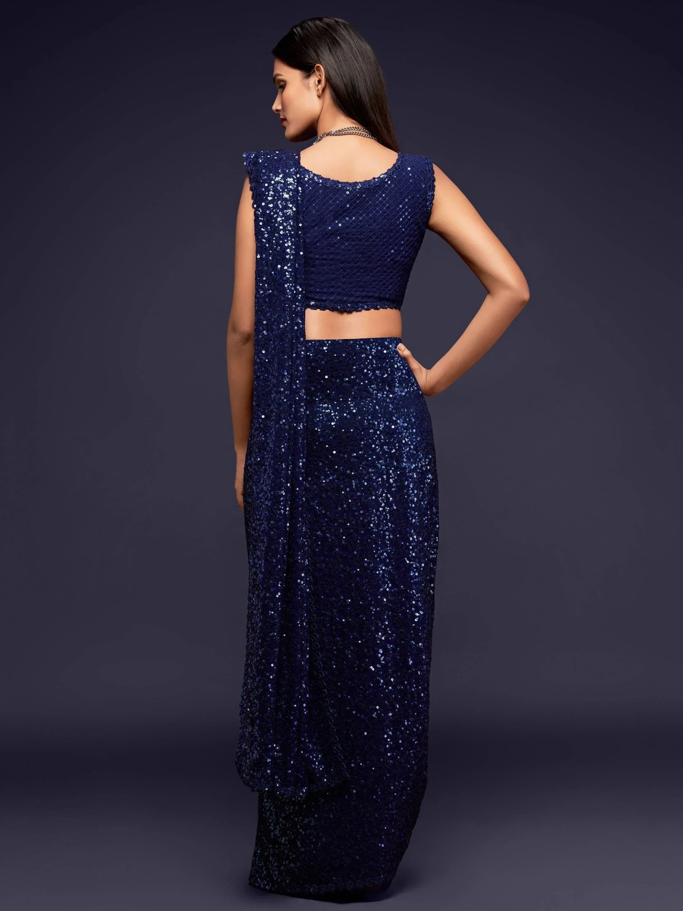 Navy Mehendi Sequins Party Wear Saree With Blouse