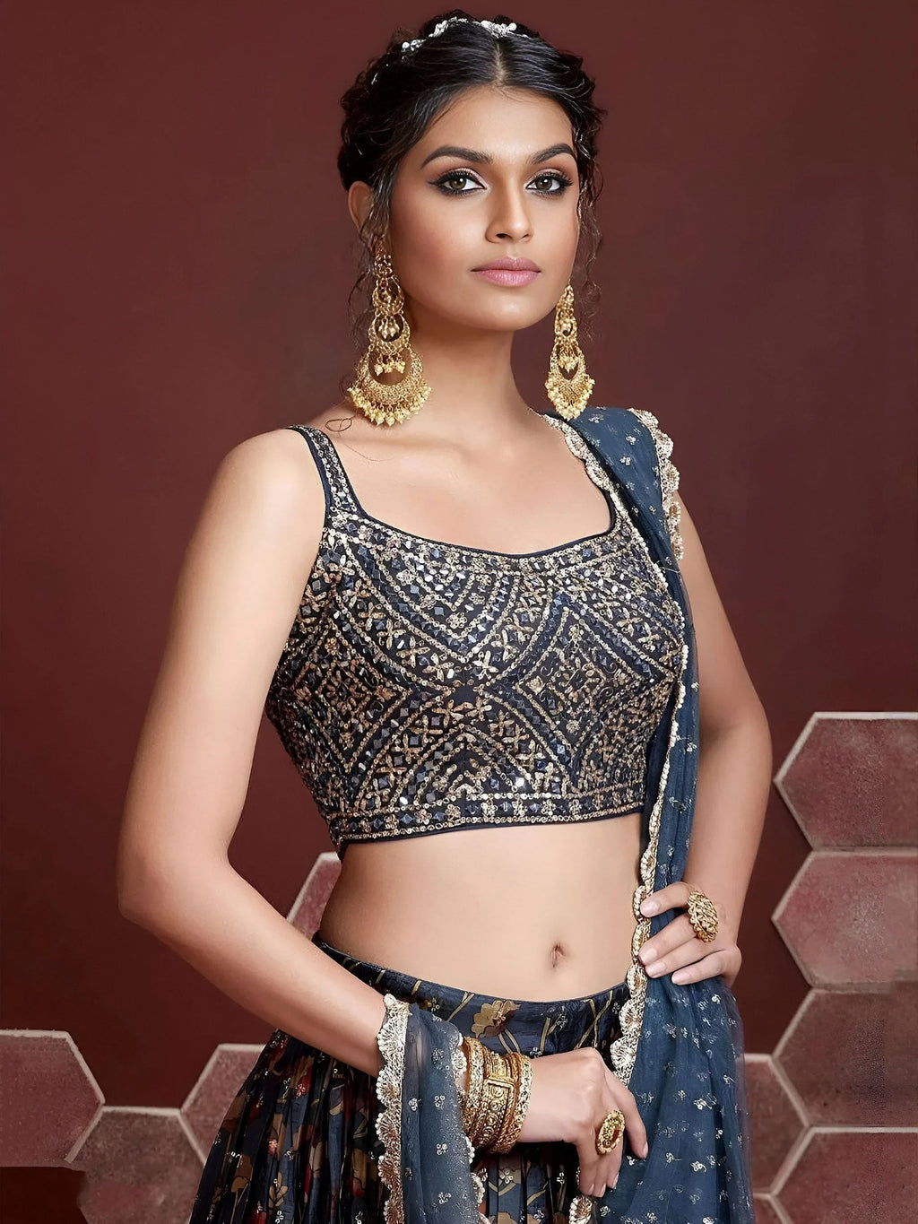 Wonderful Blue Digital Print Embroidery Chinon Silk Party Wear Lehenga Choli