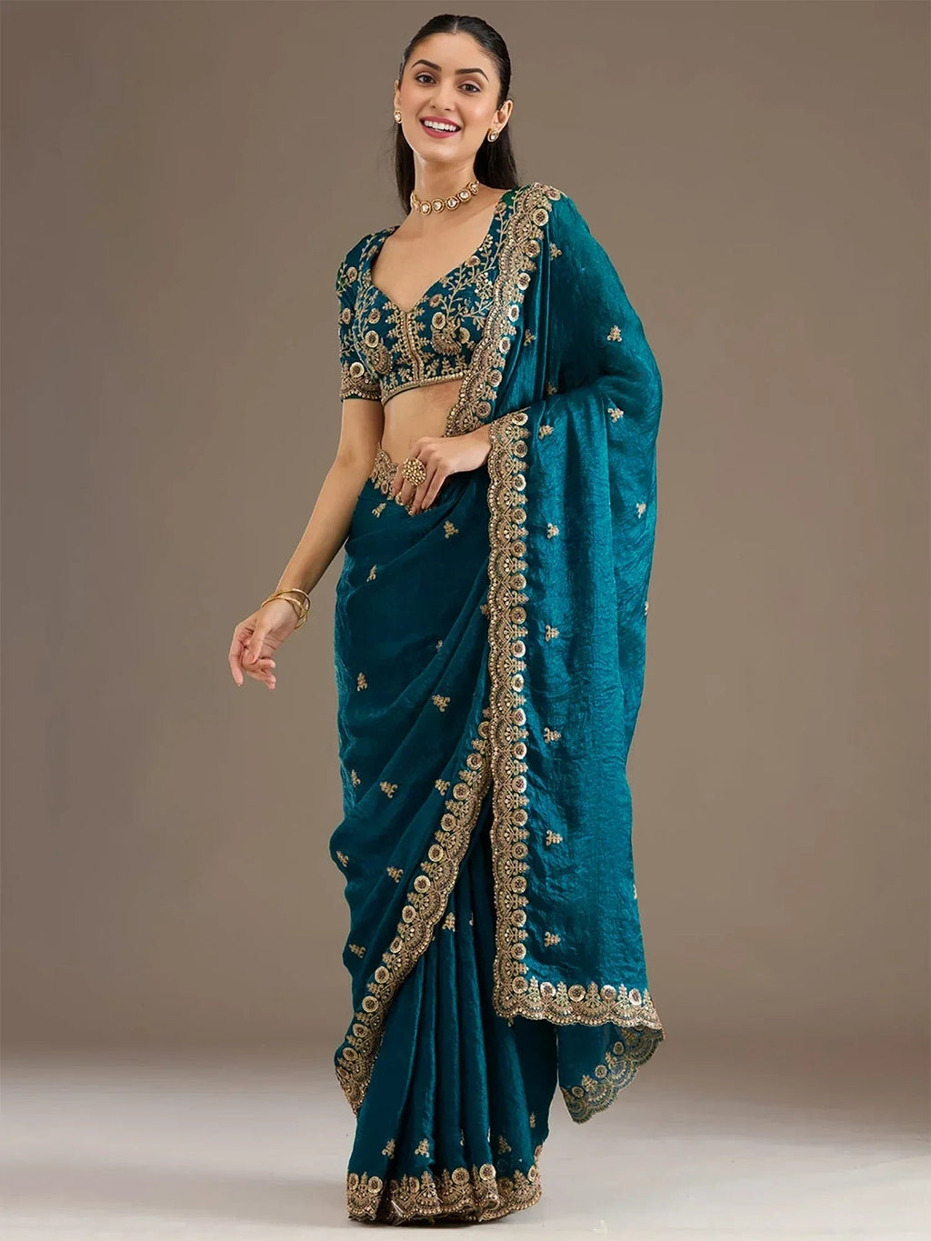 Blue Elegant Embroidered Tissue Silk Party Wear Saree With Blouse
